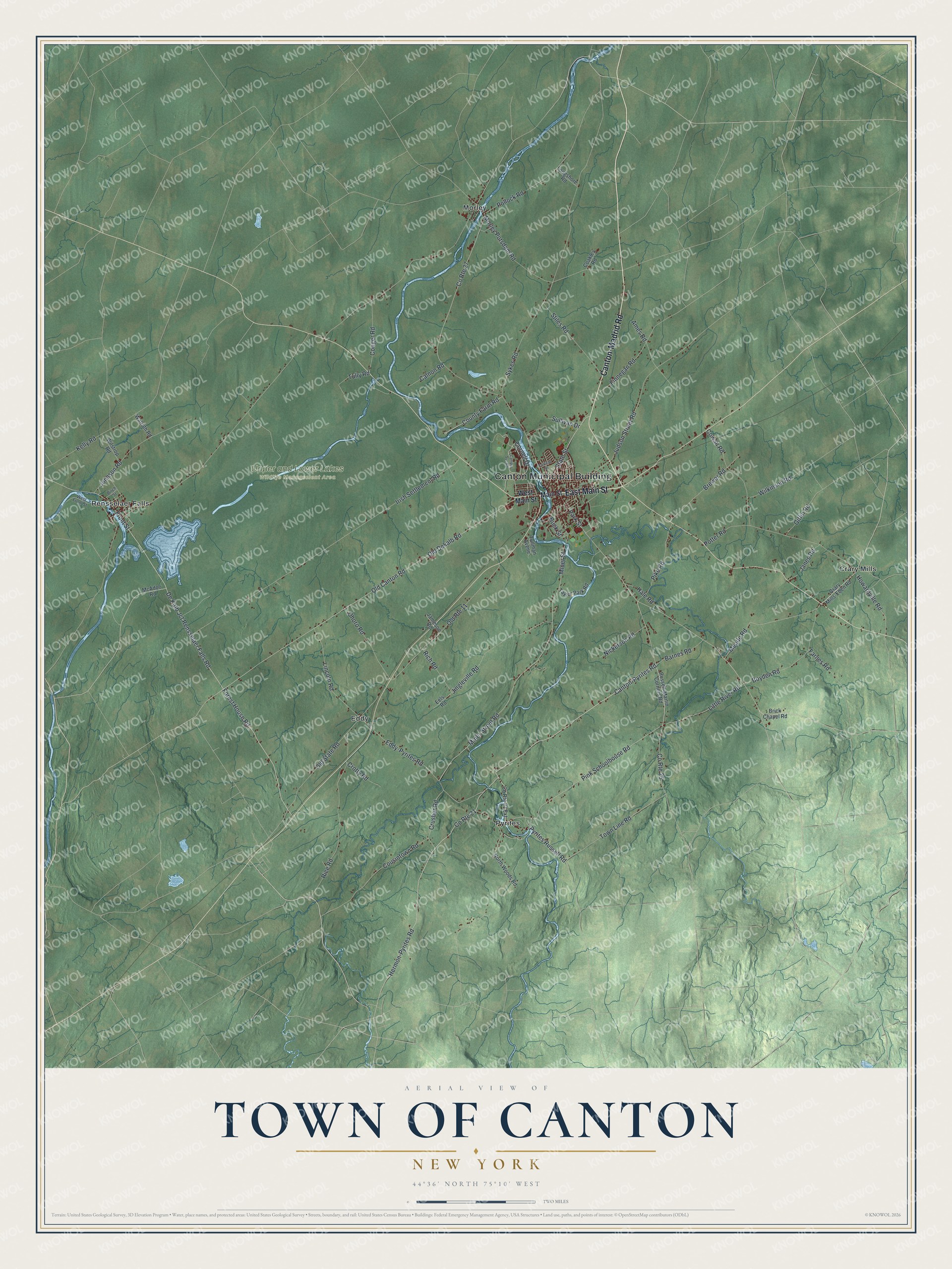 Detailed map of the Town of Canton, New York, showing streets, buildings, neighborhoods, and parks
