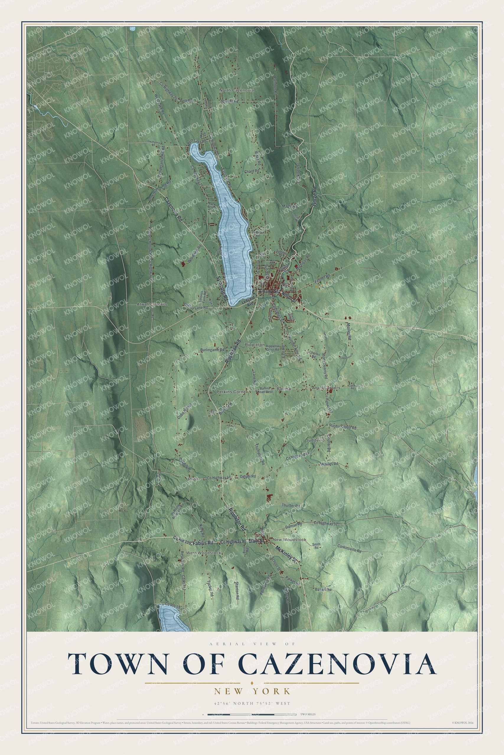 Detailed map of the Town of Cazenovia, New York, showing streets, buildings, and neighborhoods