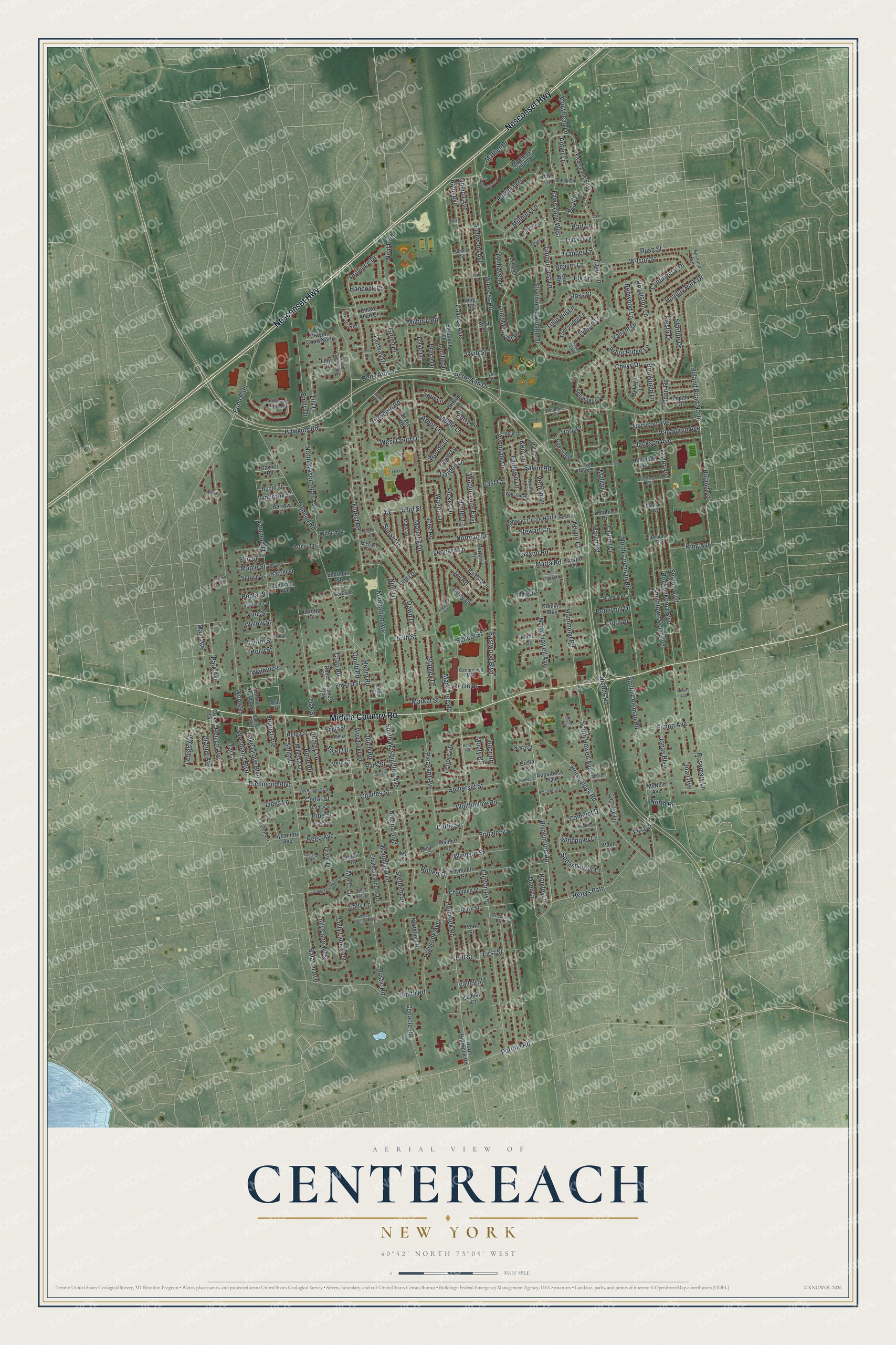 Watermarked full-map preview of Centereach, New York