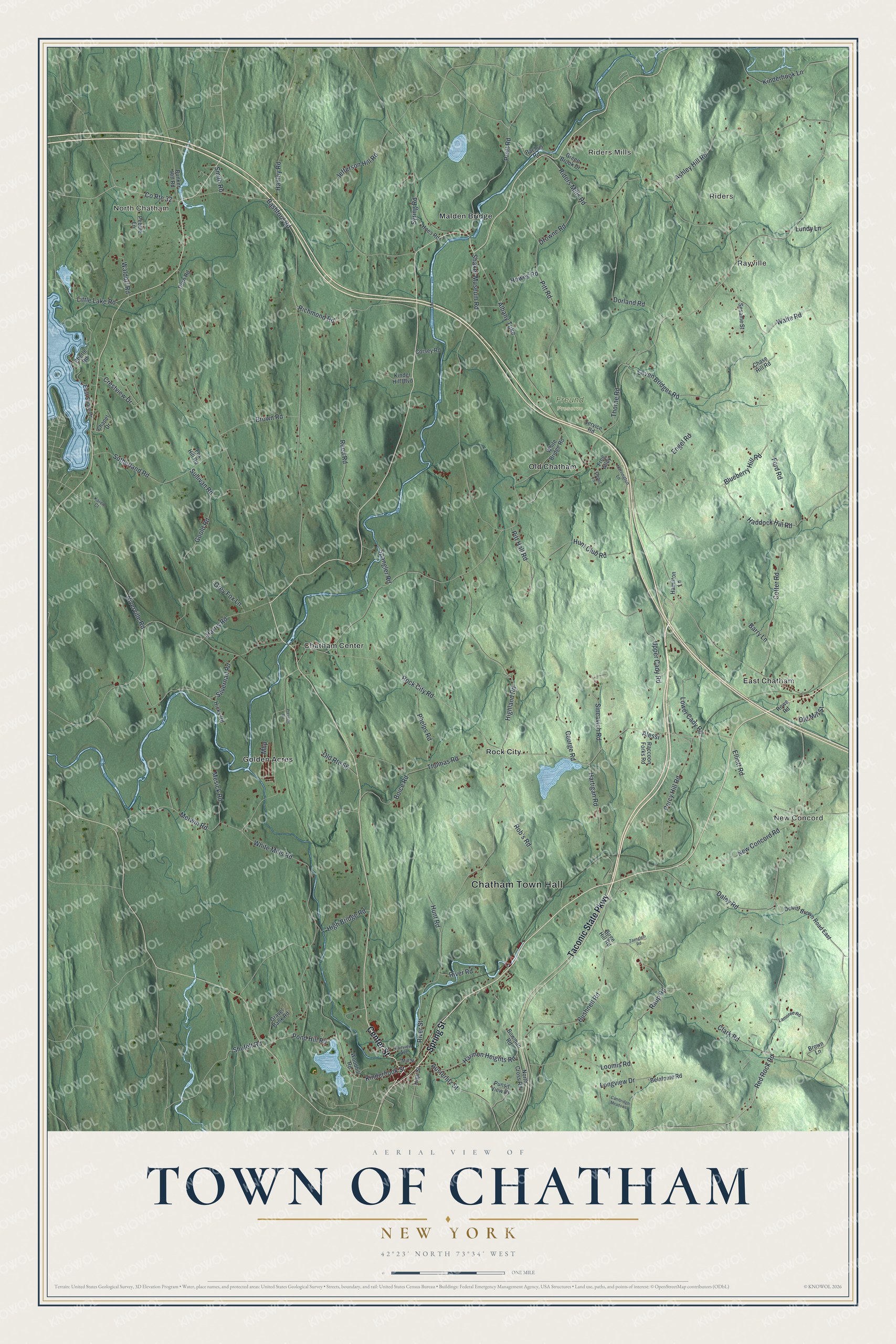 Detailed map of the Town of Chatham, New York, showing streets, buildings, neighborhoods, and parks