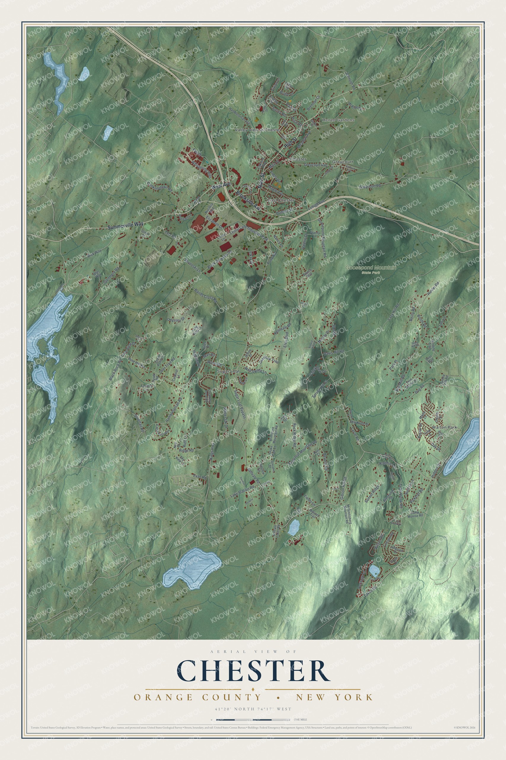 Detailed map of Chester, Orange County, New York, showing streets, buildings, neighborhoods, and parks