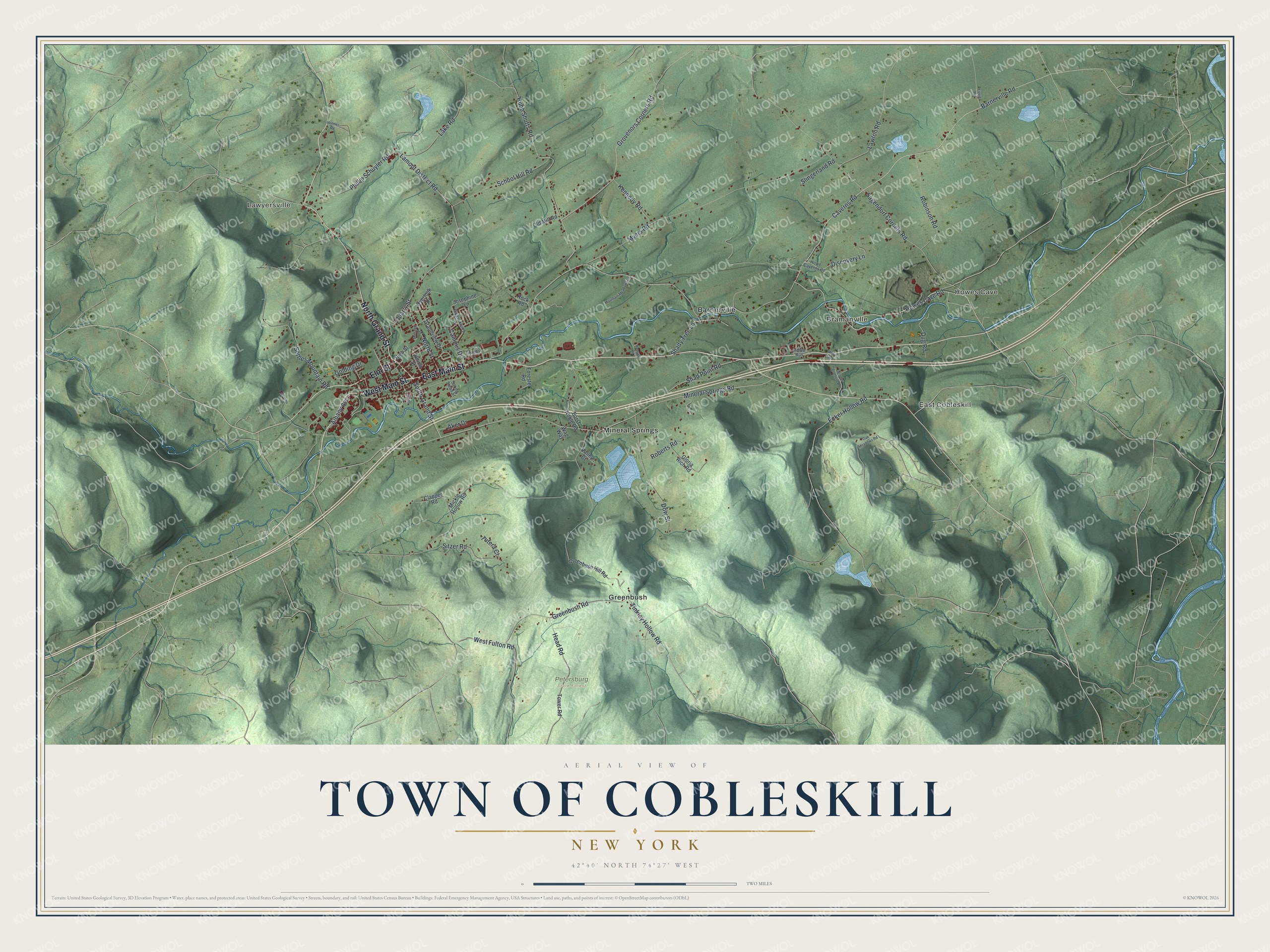 Detailed map of the Town of Cobleskill, New York, showing streets, buildings, neighborhoods, and parks
