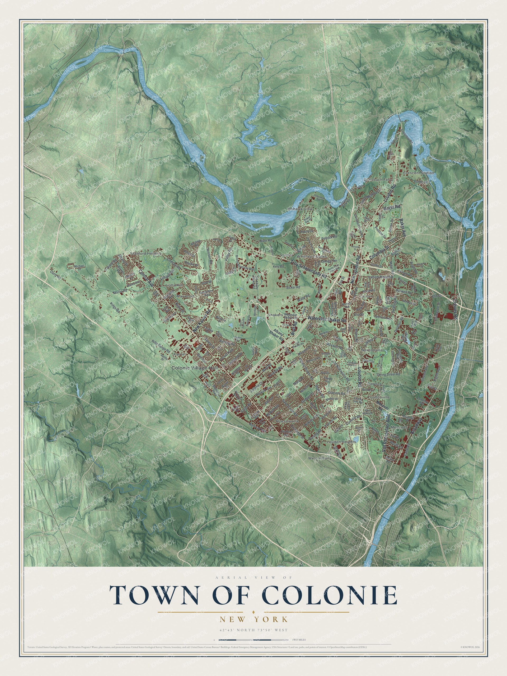 Detailed map of the Town of Colonie, New York, showing streets, buildings, and neighborhoods