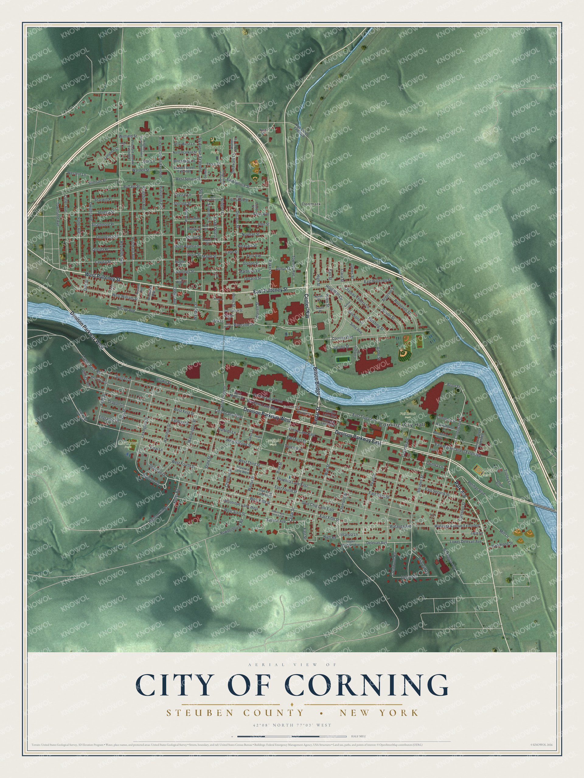 Detailed map of the City of Corning, Steuben County, New York, showing streets, buildings, and parks
