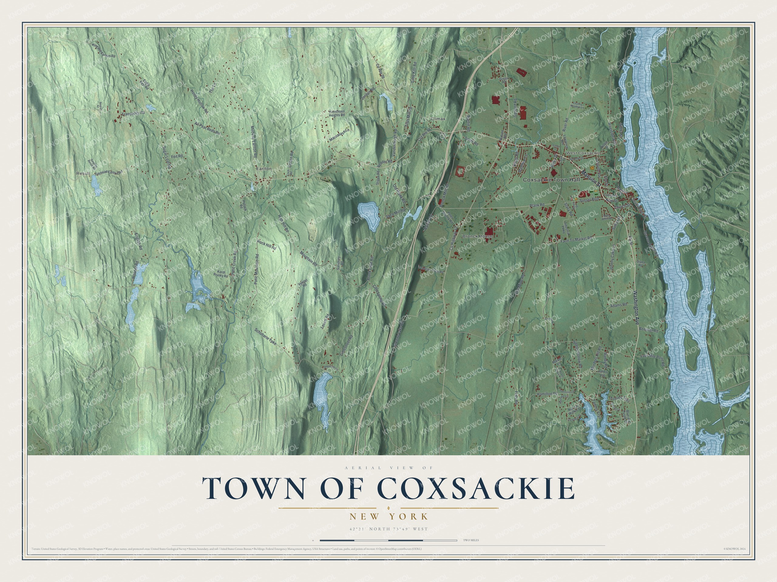 Detailed map of the Town of Coxsackie, New York, showing streets, buildings, and neighborhoods