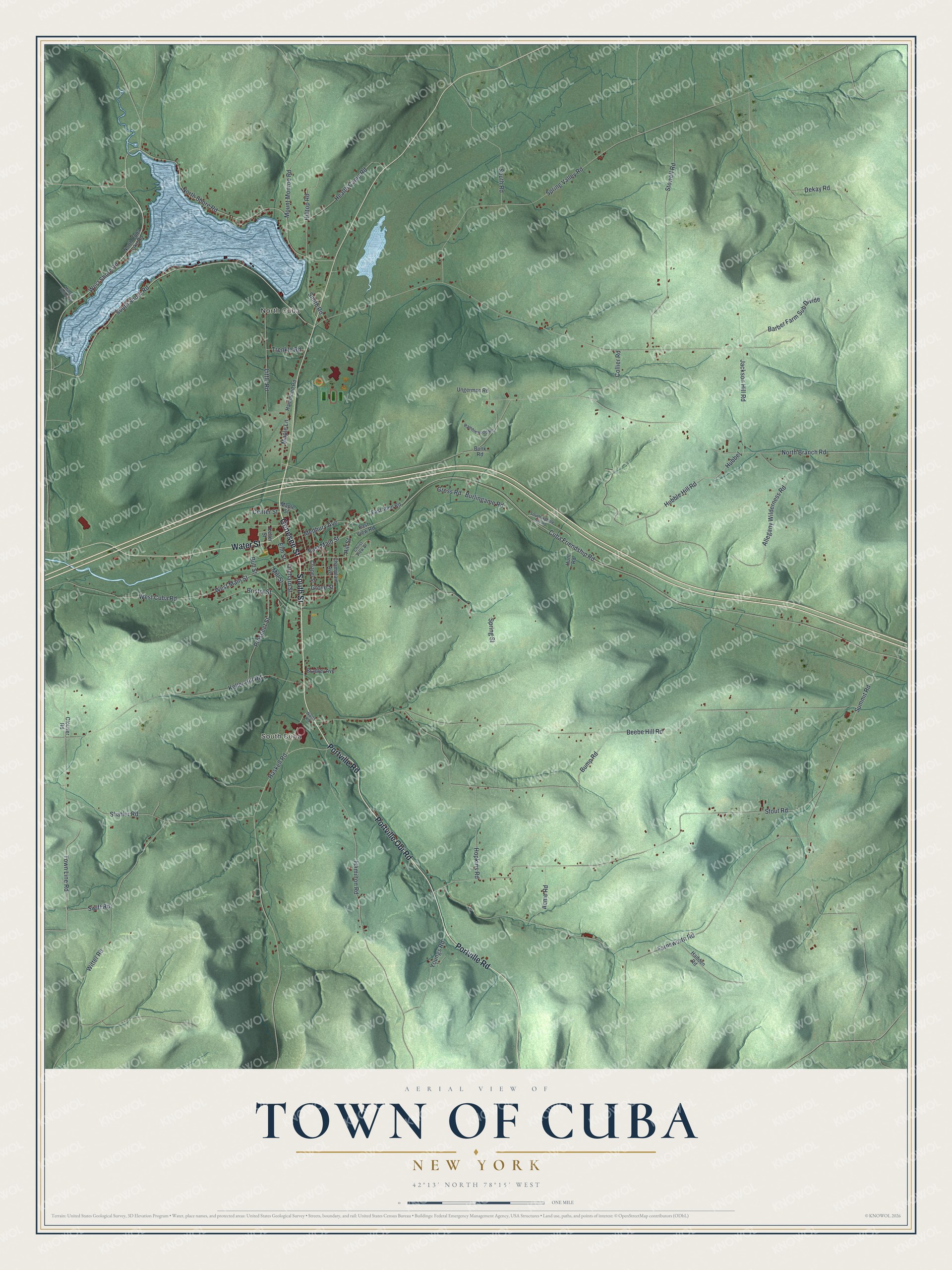 Detailed map of the Town of Cuba, New York, showing streets, buildings, and neighborhoods