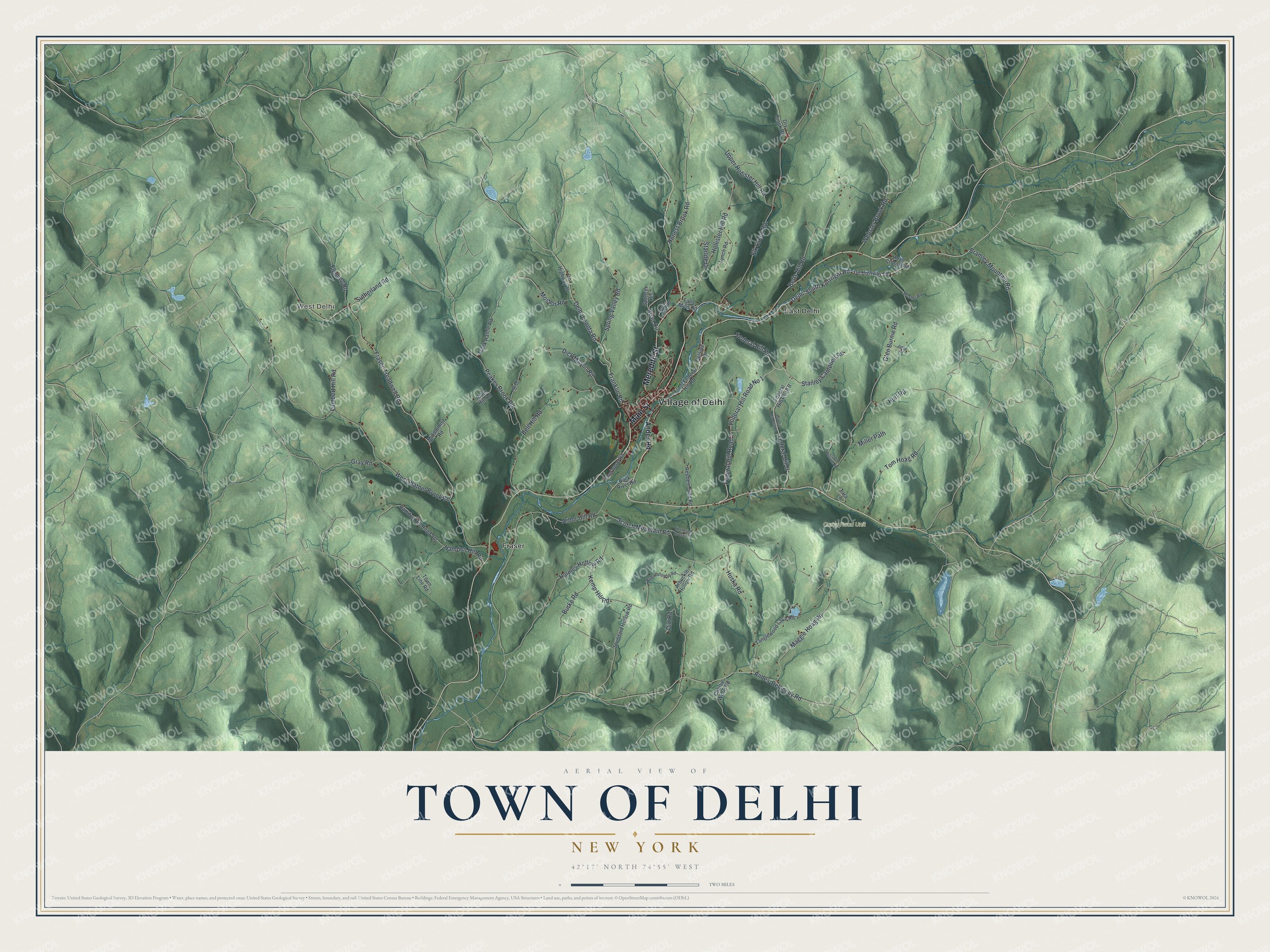 Detailed map of the Town of Delhi, New York, showing streets, buildings, and neighborhoods