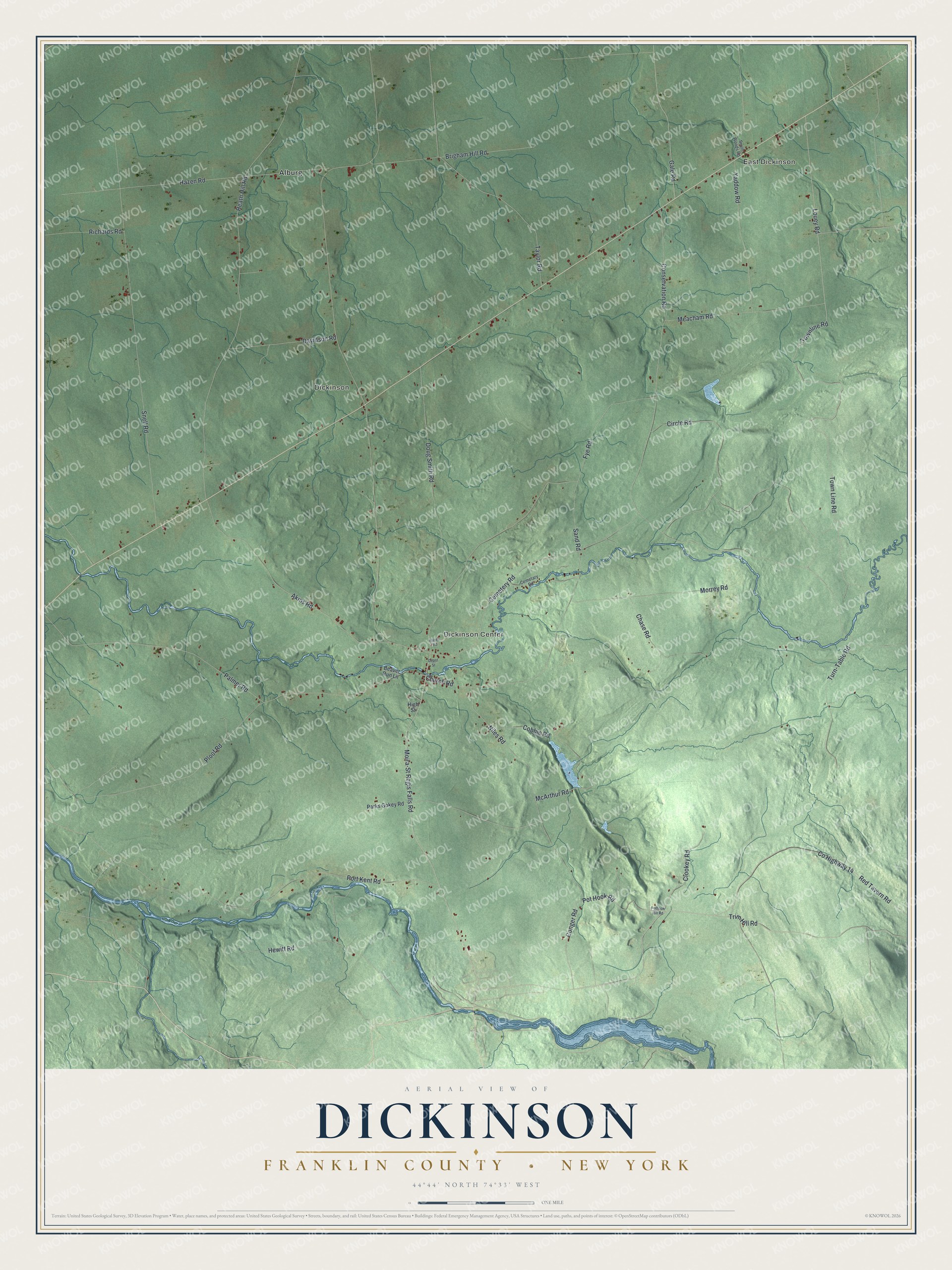 Detailed map of Dickinson, Franklin County, New York, showing streets, buildings, and neighborhoods