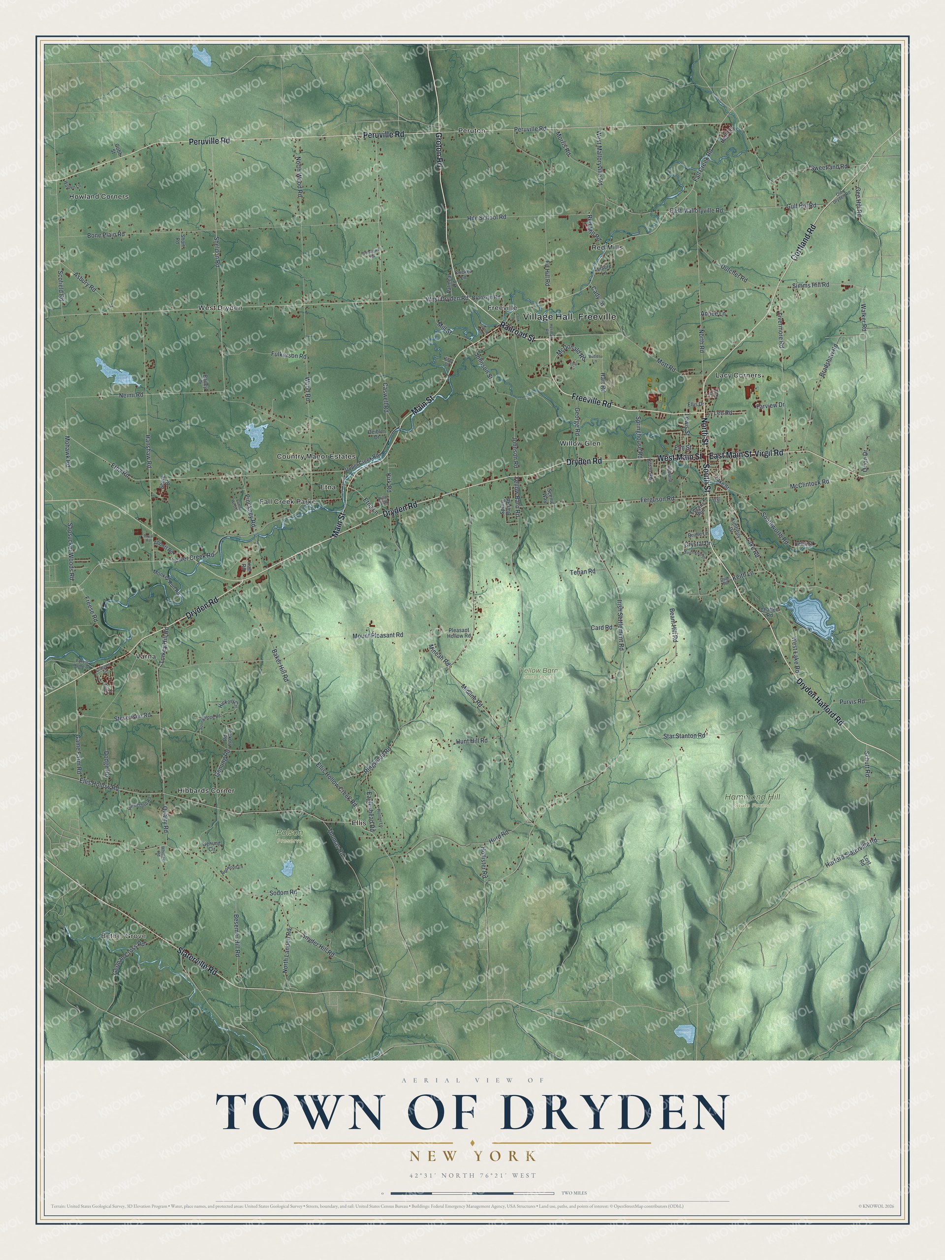 Detailed map of the Town of Dryden, New York, showing streets, buildings, neighborhoods, and parks