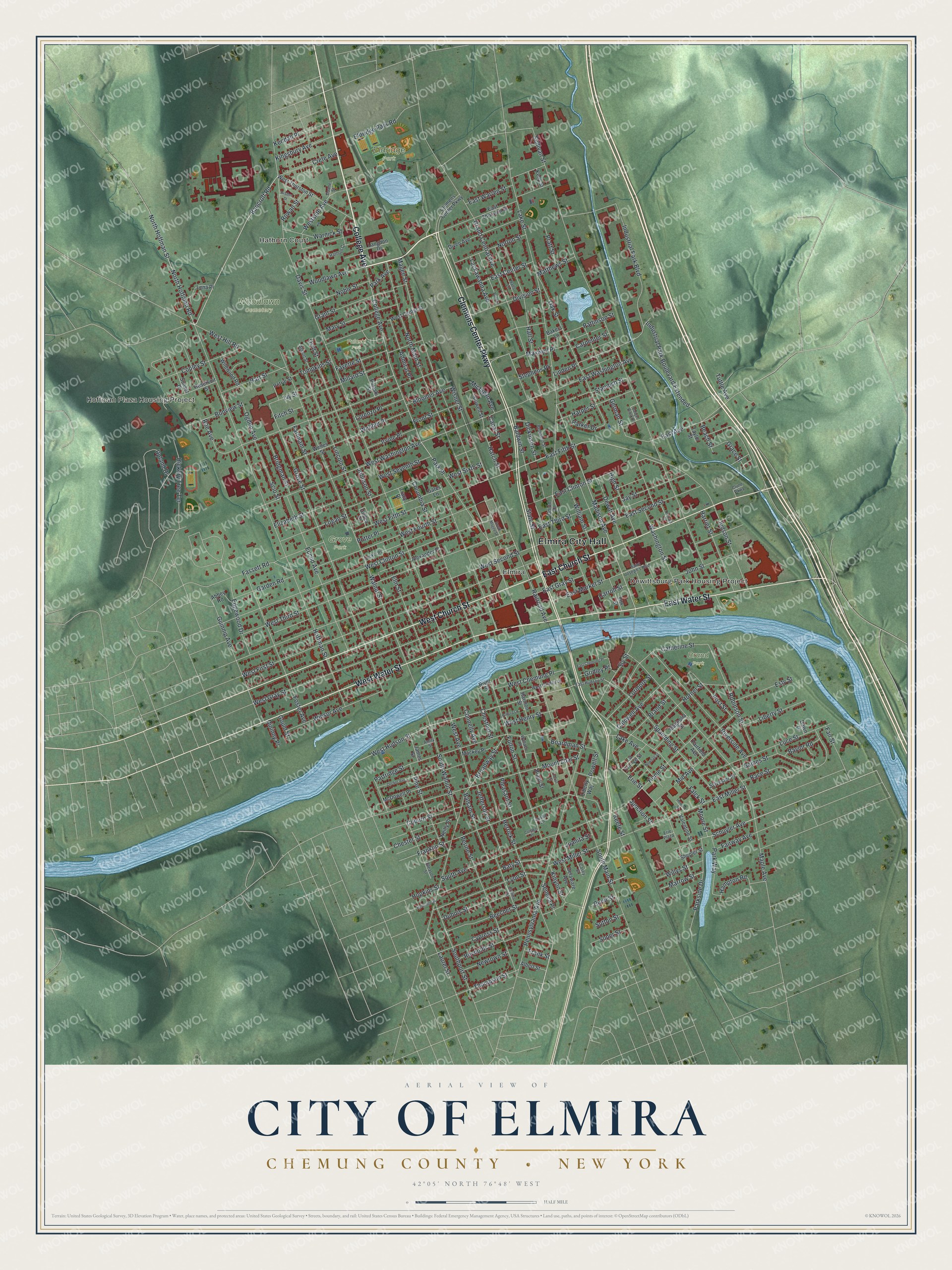 Detailed map of the City of Elmira, Chemung County, New York, showing streets, buildings, neighborhoods, and parks