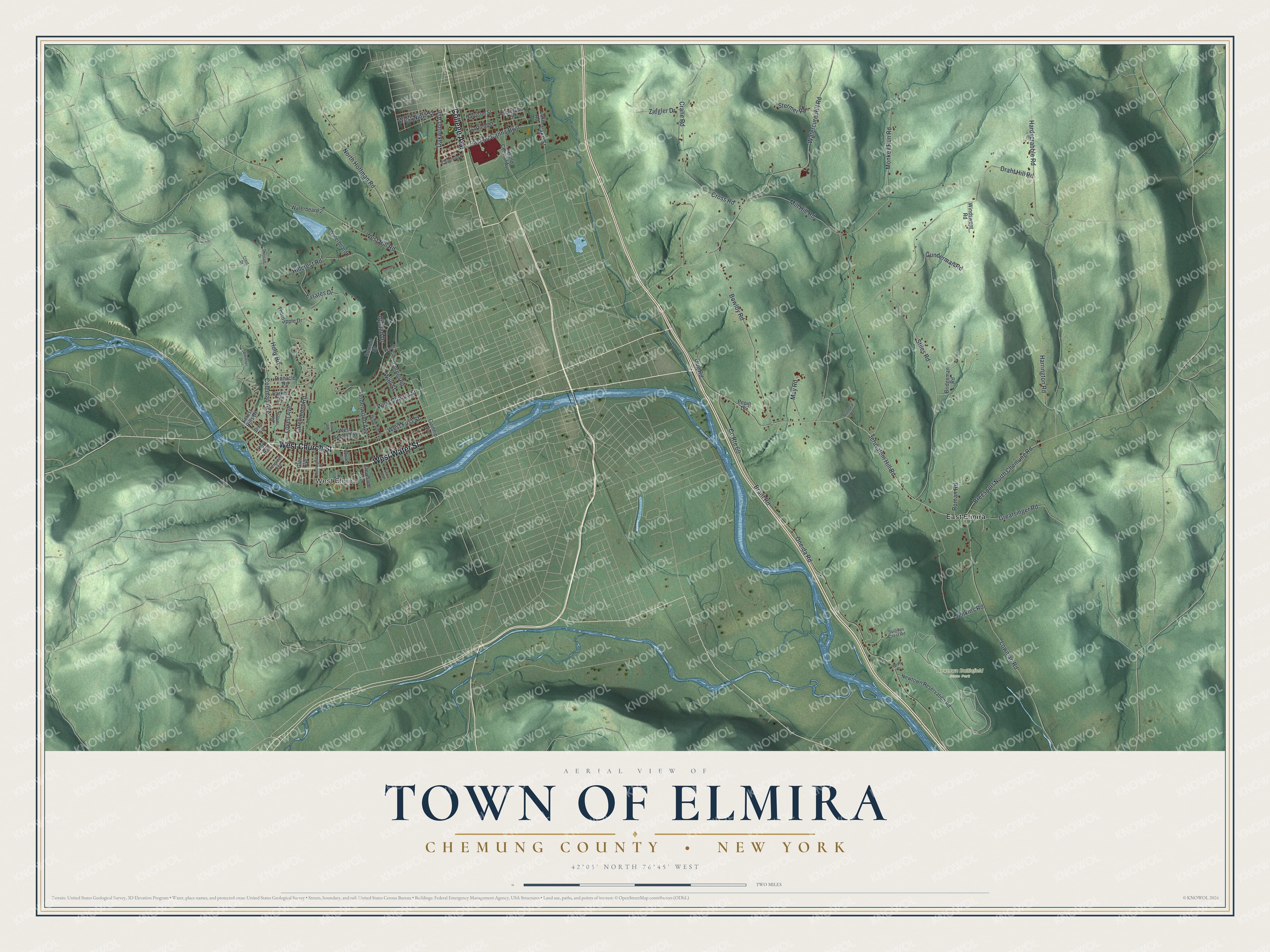 Detailed map of the Town of Elmira, Chemung County, New York, showing streets, buildings, neighborhoods, and parks