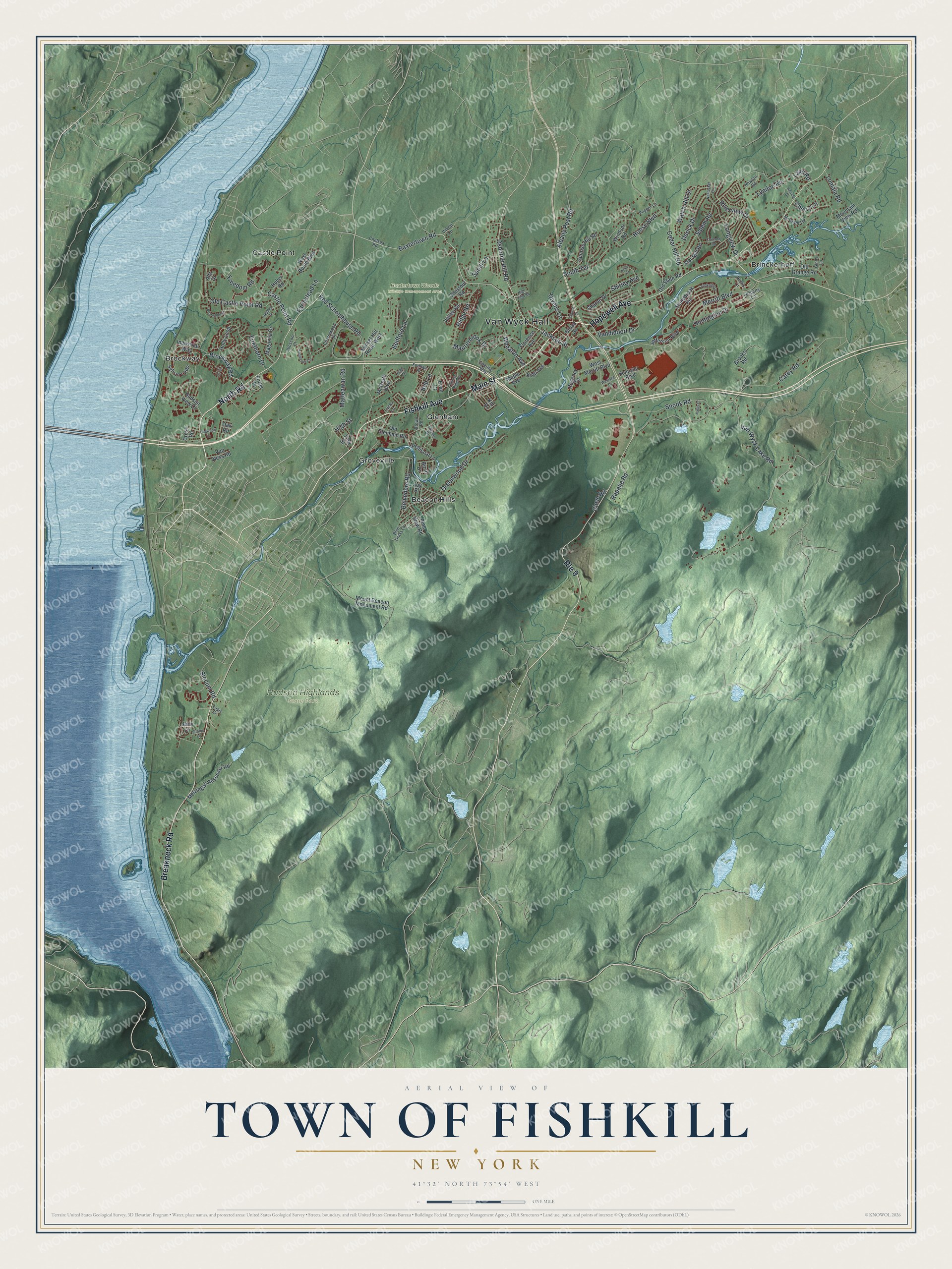 Detailed map of the Town of Fishkill, New York, showing streets, buildings, neighborhoods, and parks