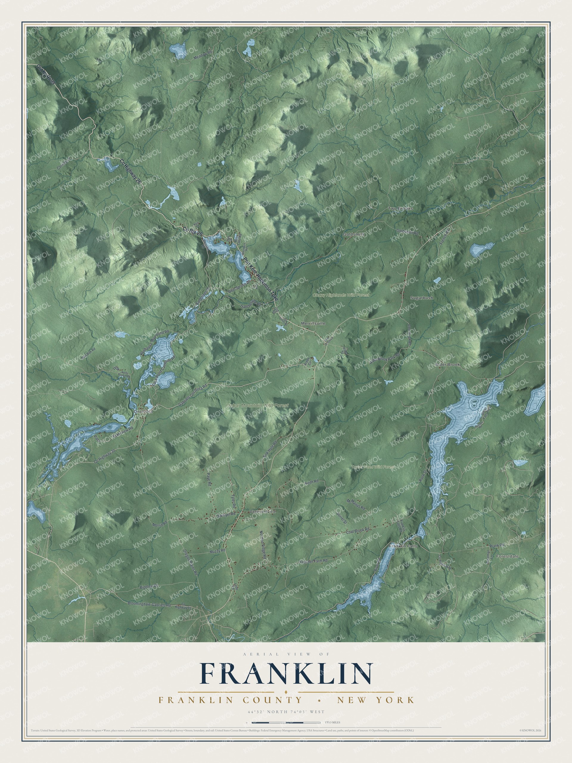 Detailed map of Franklin, Franklin County, New York, showing streets, buildings, neighborhoods, and parks