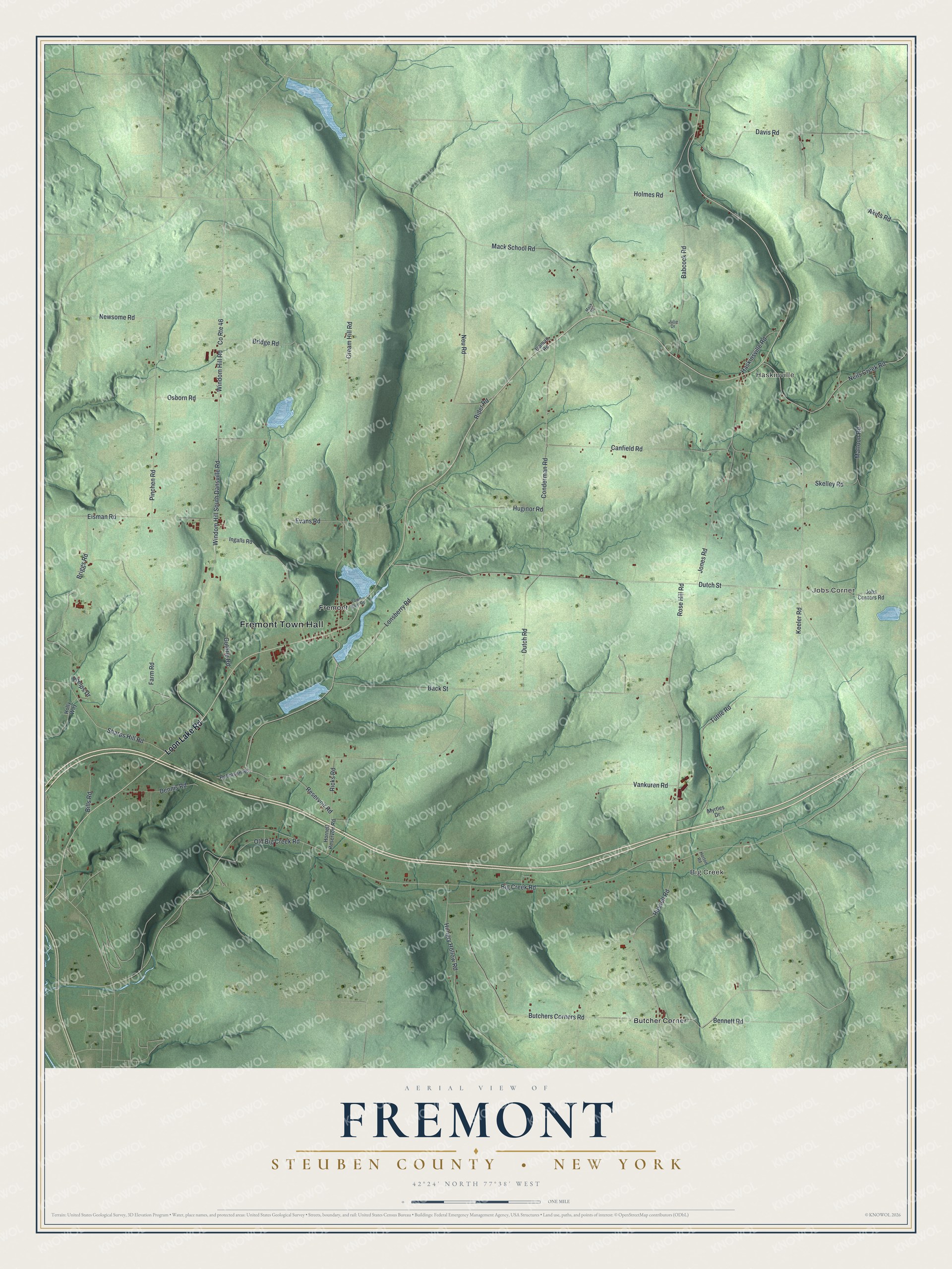 Detailed map of Fremont, Steuben County, New York, showing streets, buildings, and neighborhoods