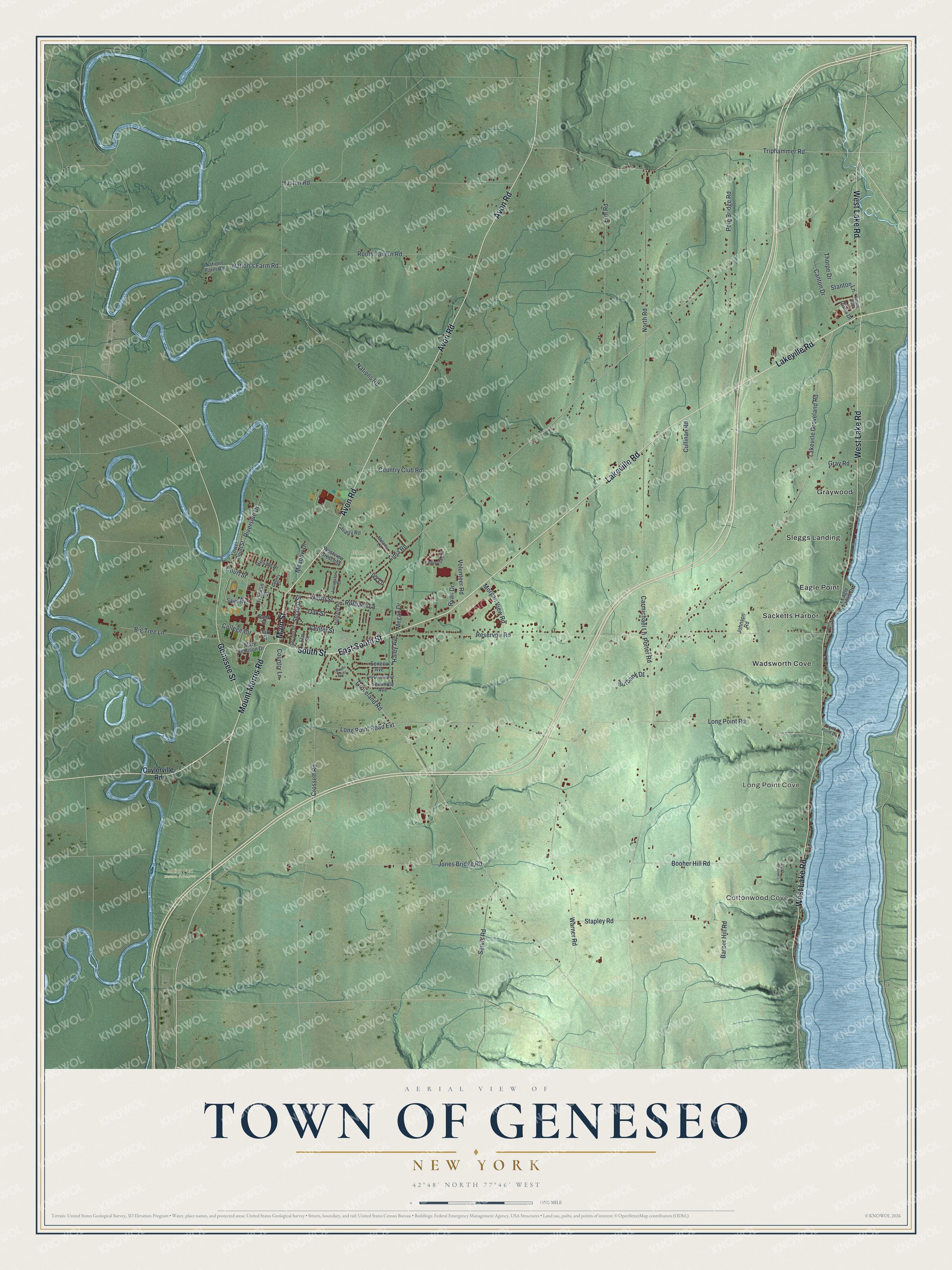 Detailed map of the Town of Geneseo, New York, showing streets, buildings, neighborhoods, and parks