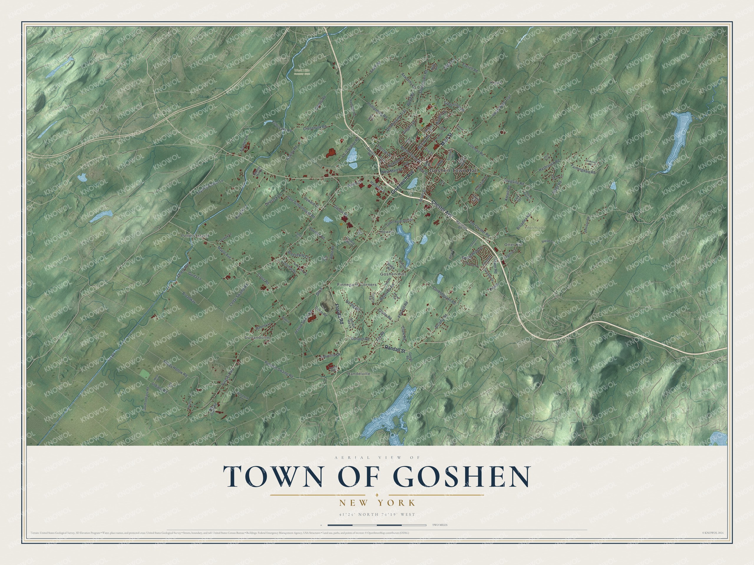 Detailed map of the Town of Goshen, New York, showing streets, buildings, and neighborhoods