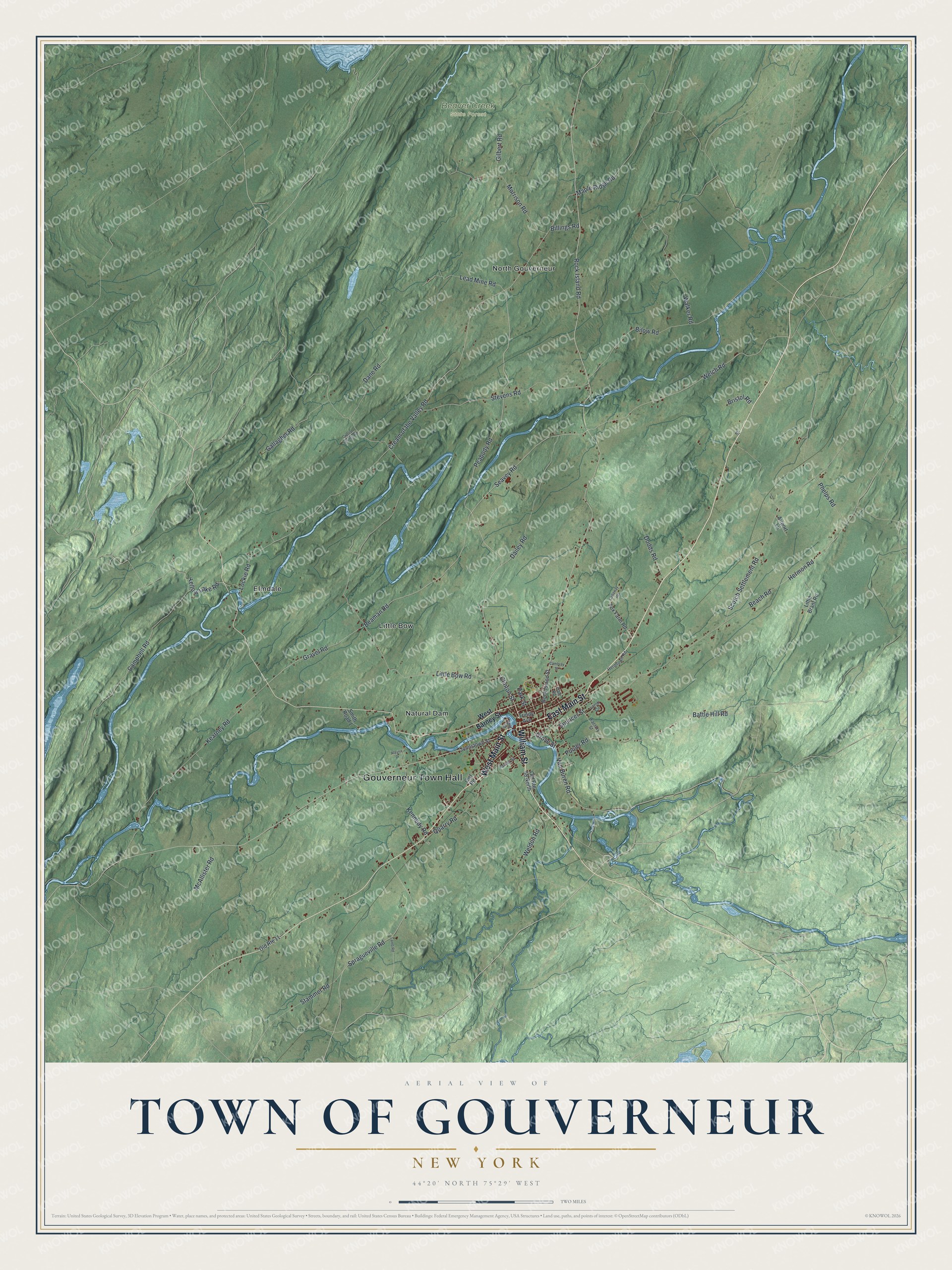 Detailed map of the Town of Gouverneur, New York, showing streets, buildings, neighborhoods, and parks