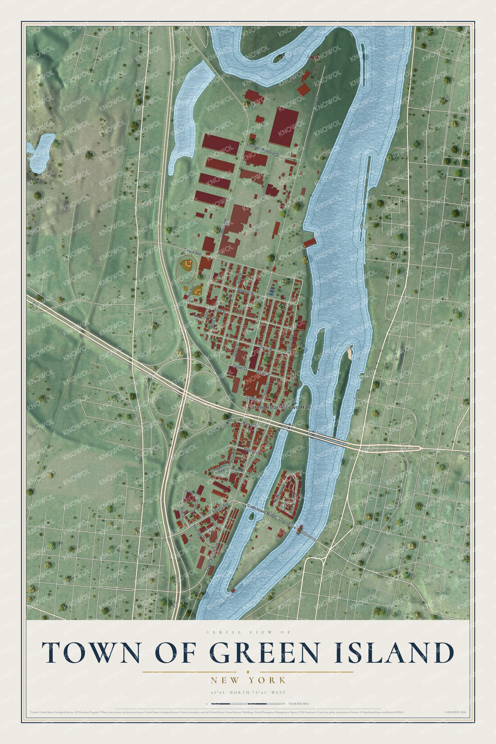 Detailed map of the Town of Green Island, New York, showing streets and buildings