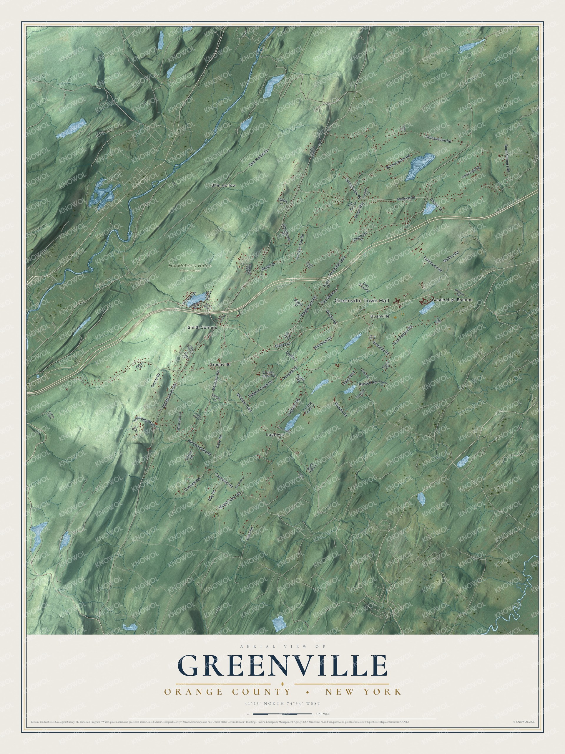 Detailed map of Greenville, Orange County, New York, showing streets, buildings, neighborhoods, and parks