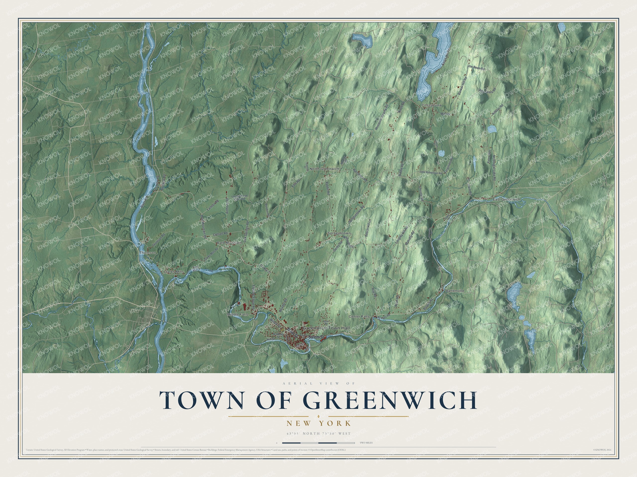 Detailed map of the Town of Greenwich, New York, showing streets, buildings, and neighborhoods