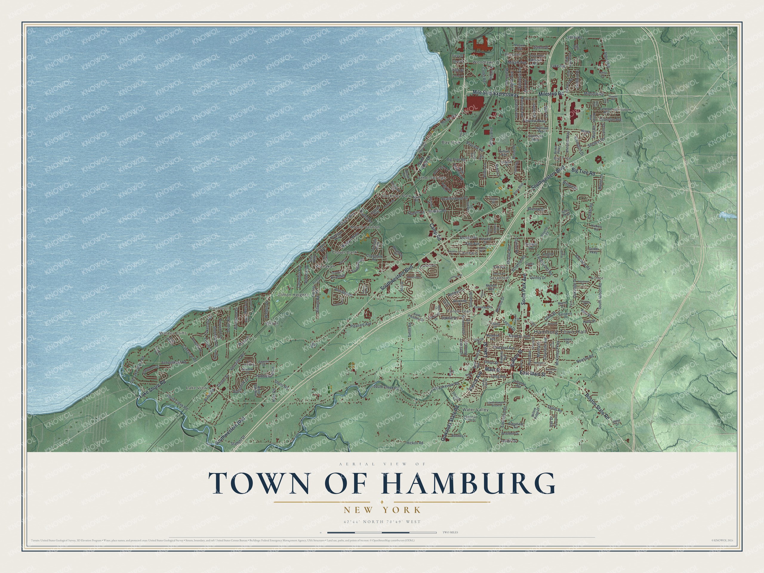 Detailed map of the Town of Hamburg, New York, showing streets, buildings, and neighborhoods