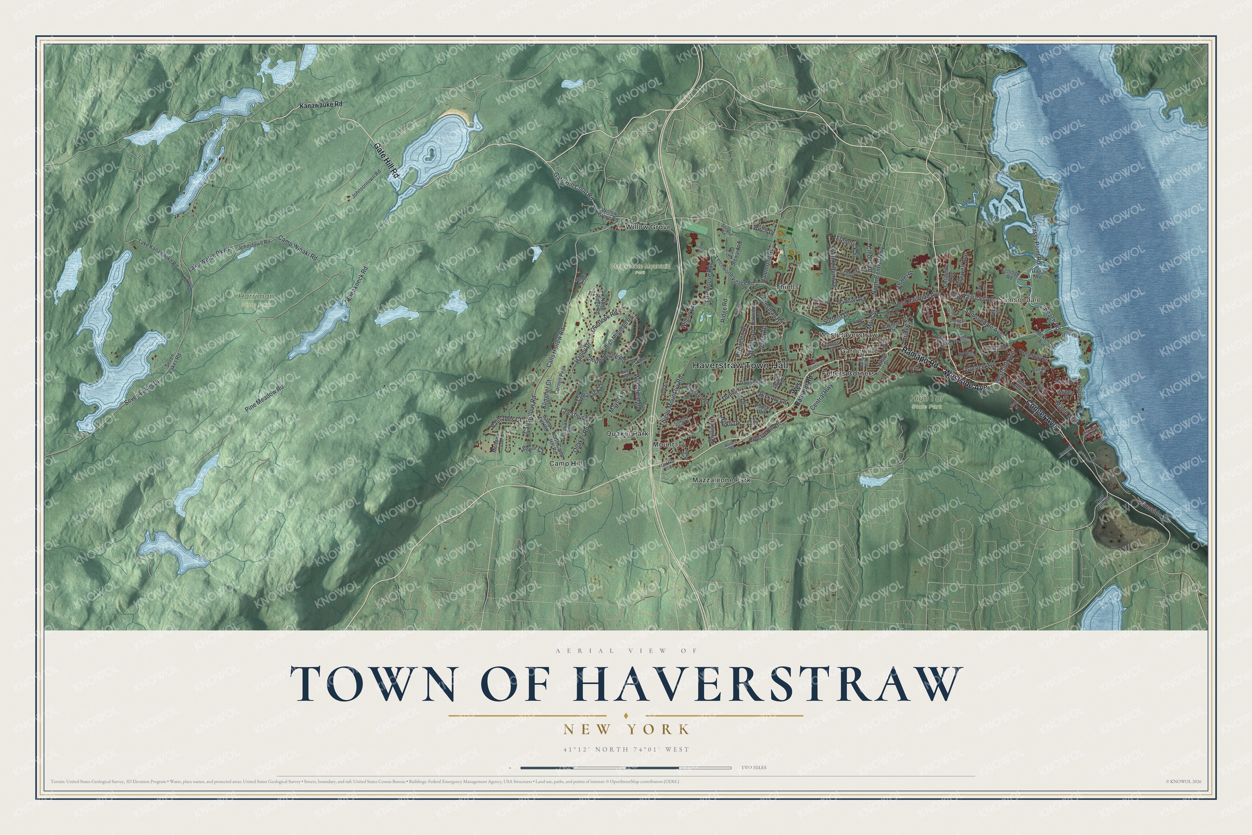 Detailed map of the Town of Haverstraw, New York, showing streets, buildings, neighborhoods, and parks
