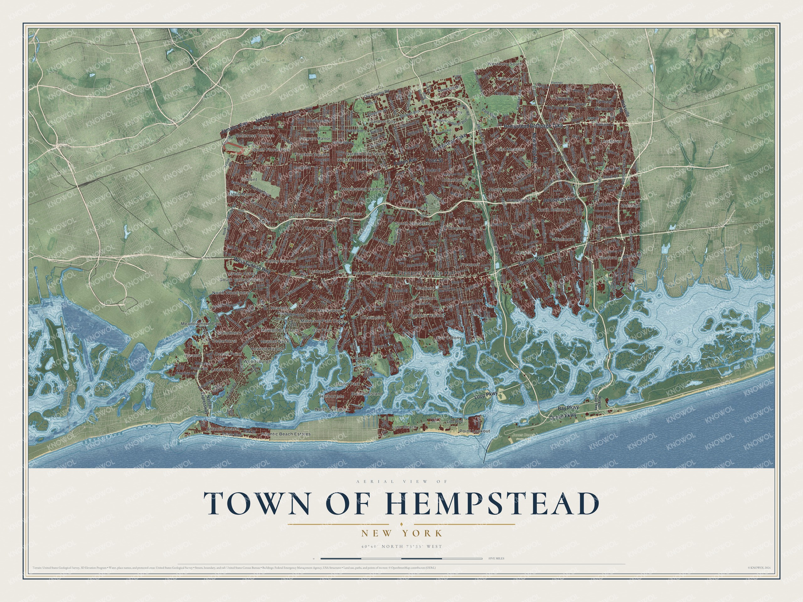 Detailed map of the Town of Hempstead, New York, showing streets, buildings, neighborhoods, beaches, and parks