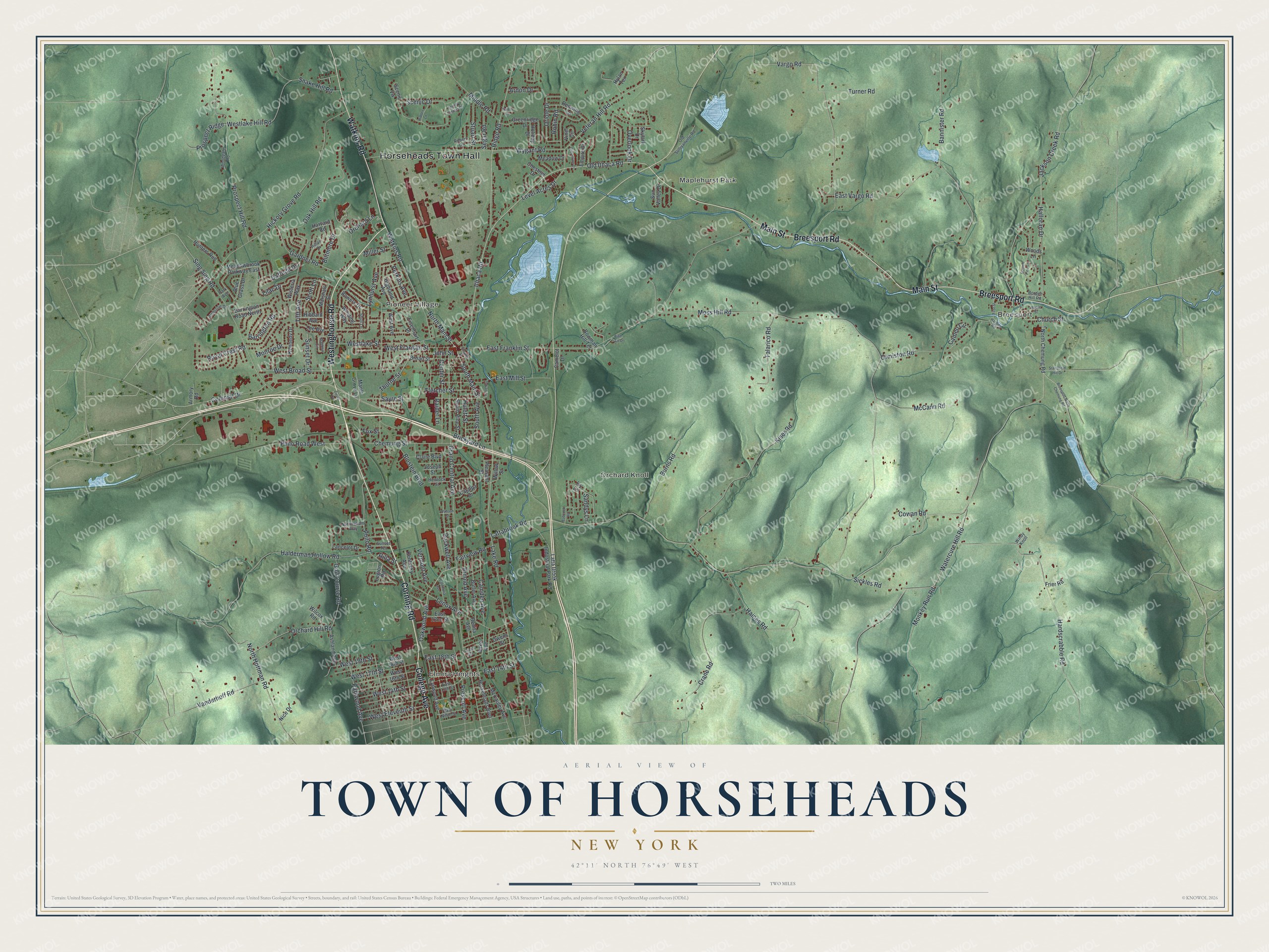 Detailed map of the Town of Horseheads, New York, showing streets, buildings, and neighborhoods