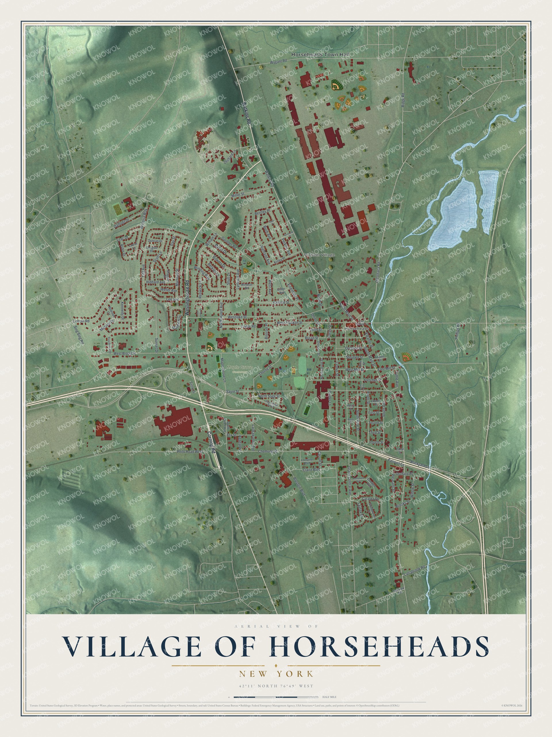 Detailed map of the Village of Horseheads, New York, showing streets, buildings, and parks