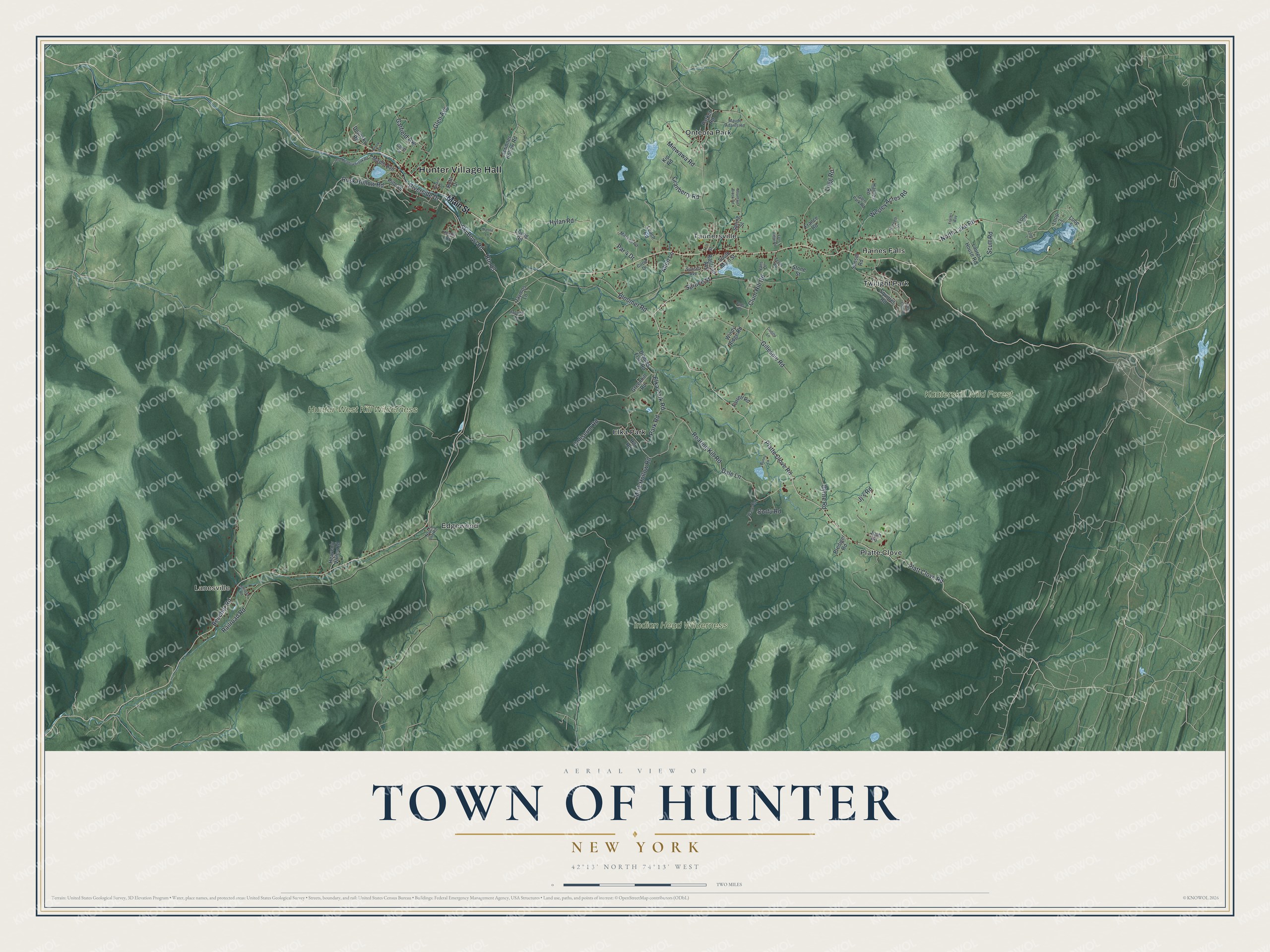 Detailed map of the Town of Hunter, New York, showing streets, buildings, neighborhoods, and parks