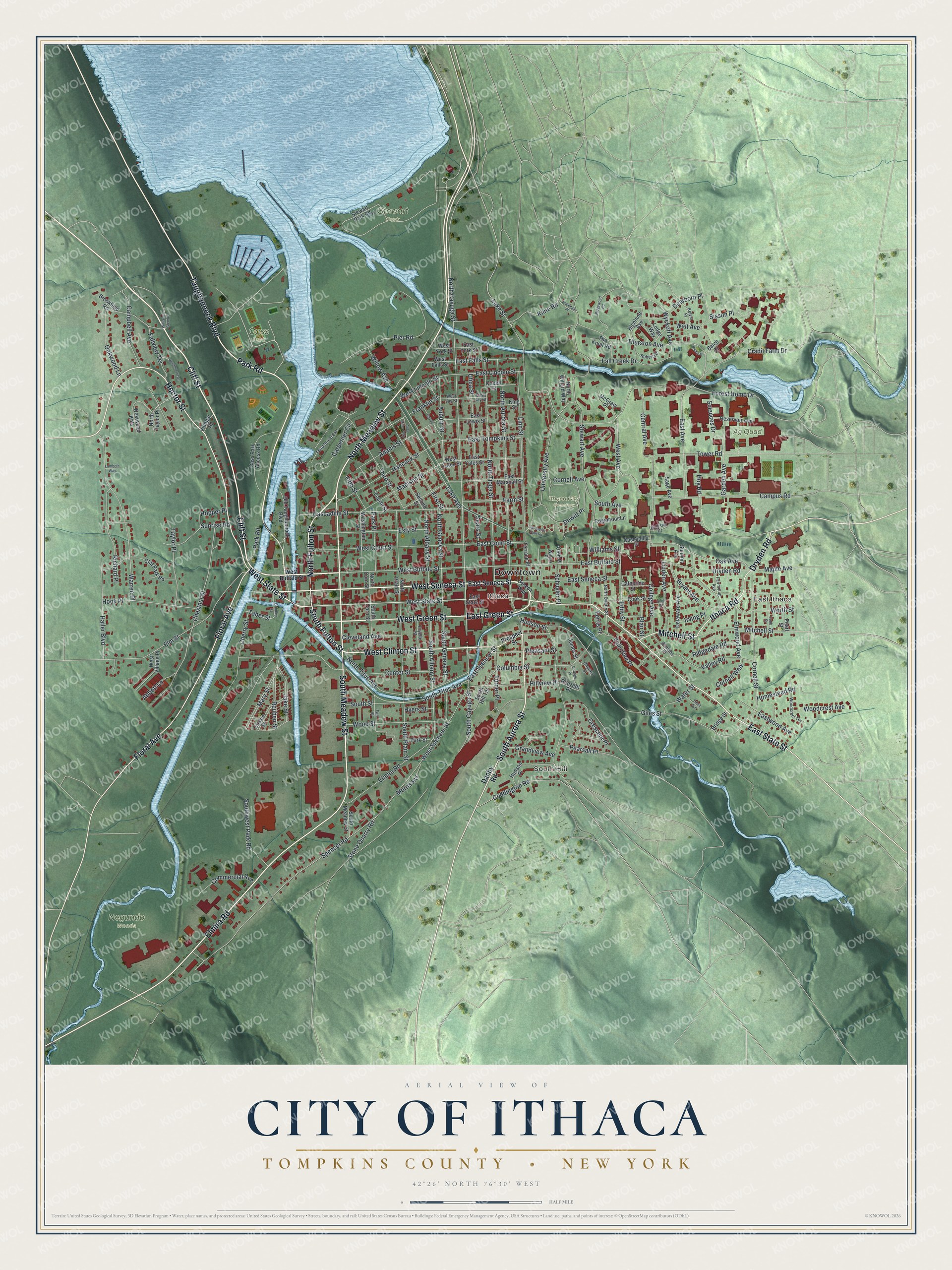 Detailed map of the City of Ithaca, Tompkins County, New York, showing streets, buildings, neighborhoods, and parks