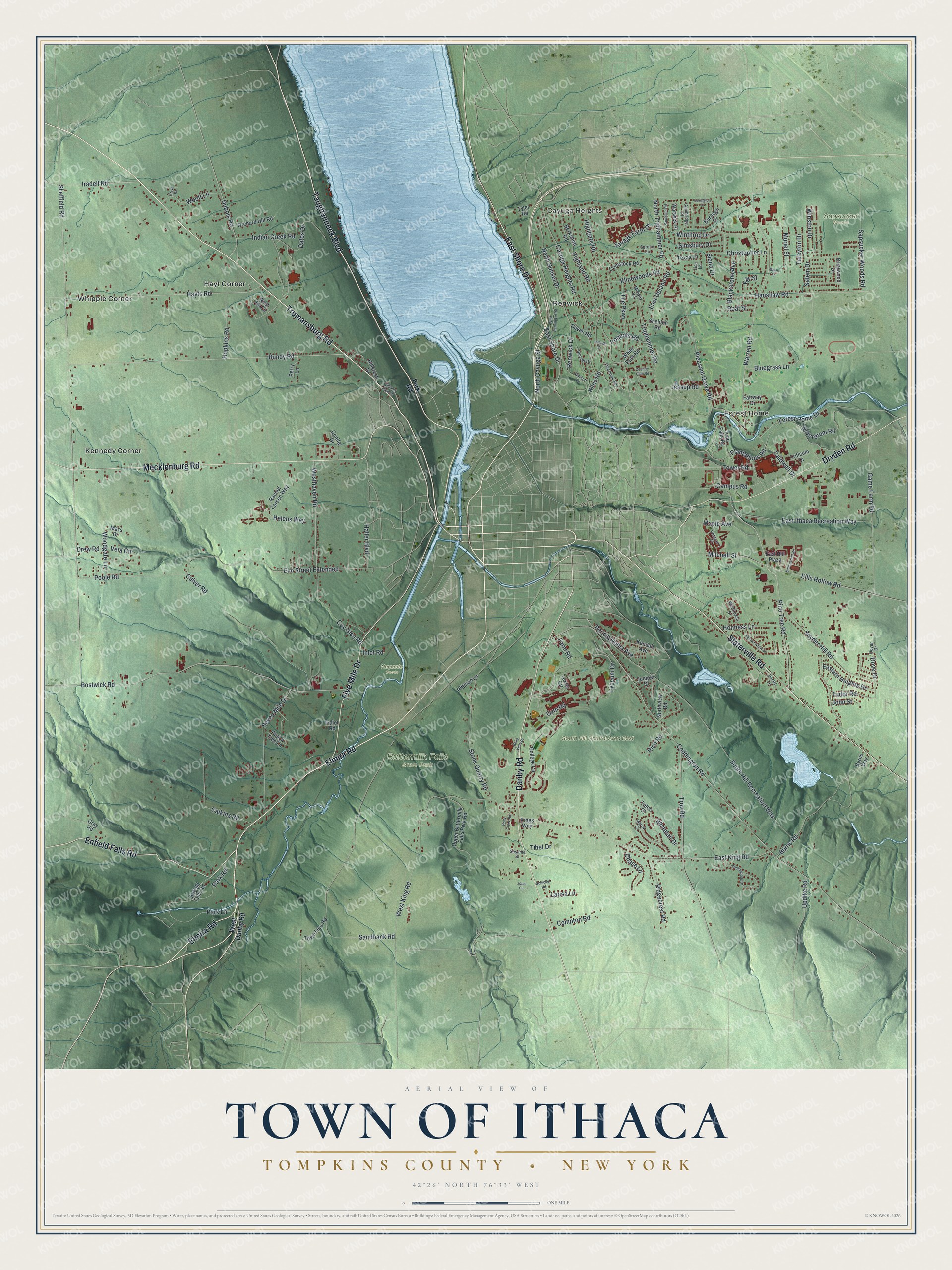 Detailed map of the Town of Ithaca, Tompkins County, New York, showing streets, buildings, neighborhoods, and parks