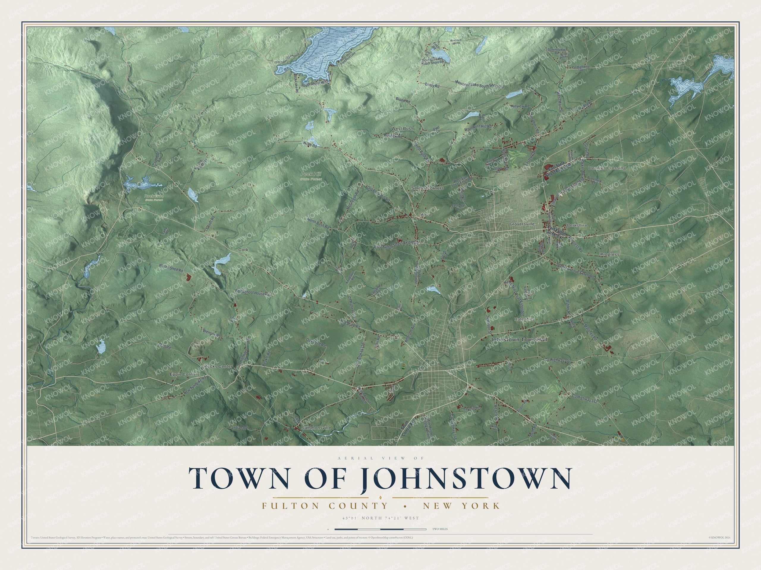 Detailed map of the Town of Johnstown, Fulton County, New York, showing streets, buildings, neighborhoods, and parks