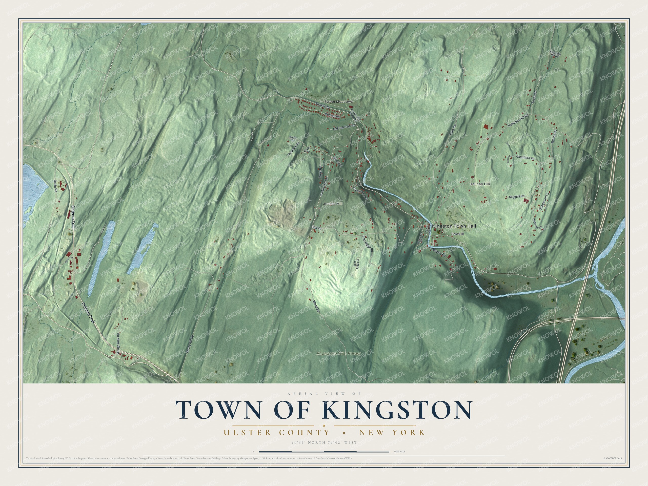 Detailed map of the Town of Kingston, Ulster County, New York, showing streets, buildings, neighborhoods, and parks
