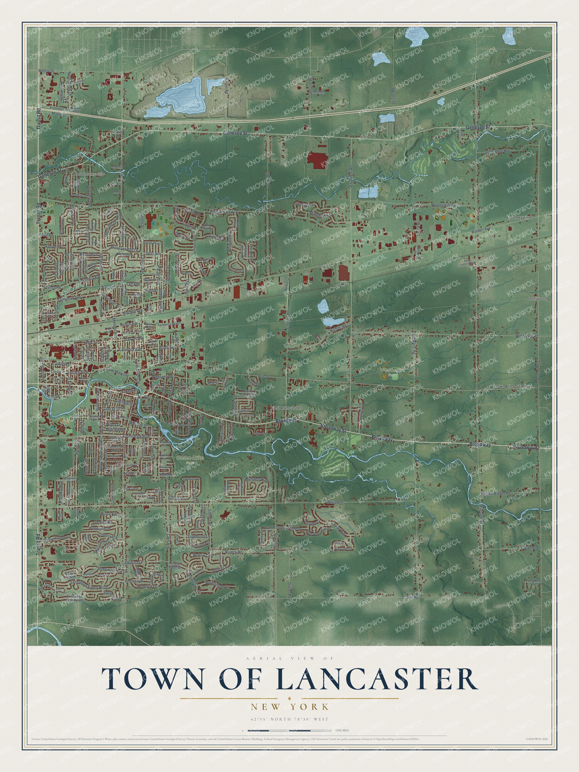 Detailed map of the Town of Lancaster, New York, showing streets, buildings, neighborhoods, and parks