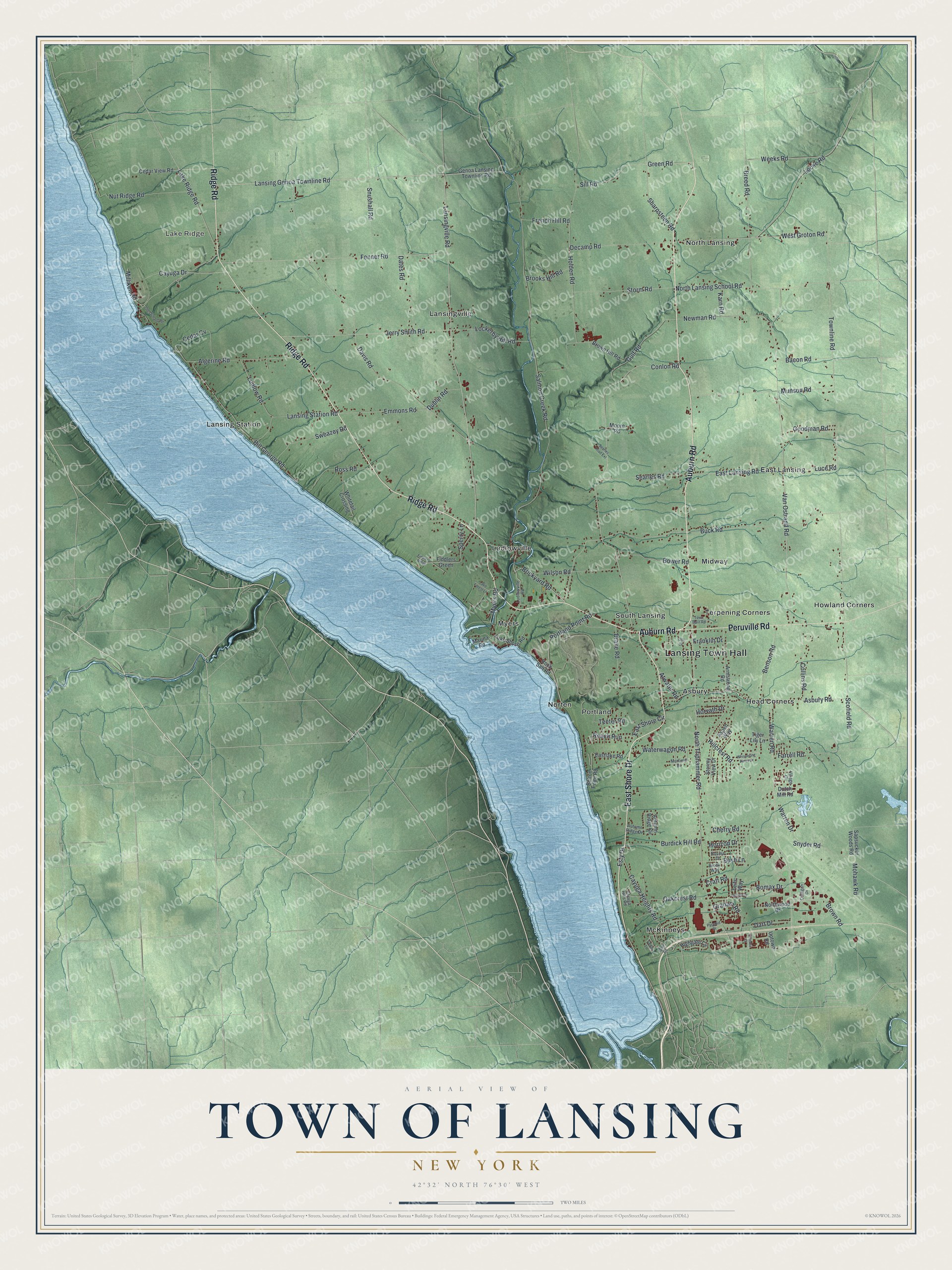 Detailed map of the Town of Lansing, New York, showing streets, buildings, and neighborhoods