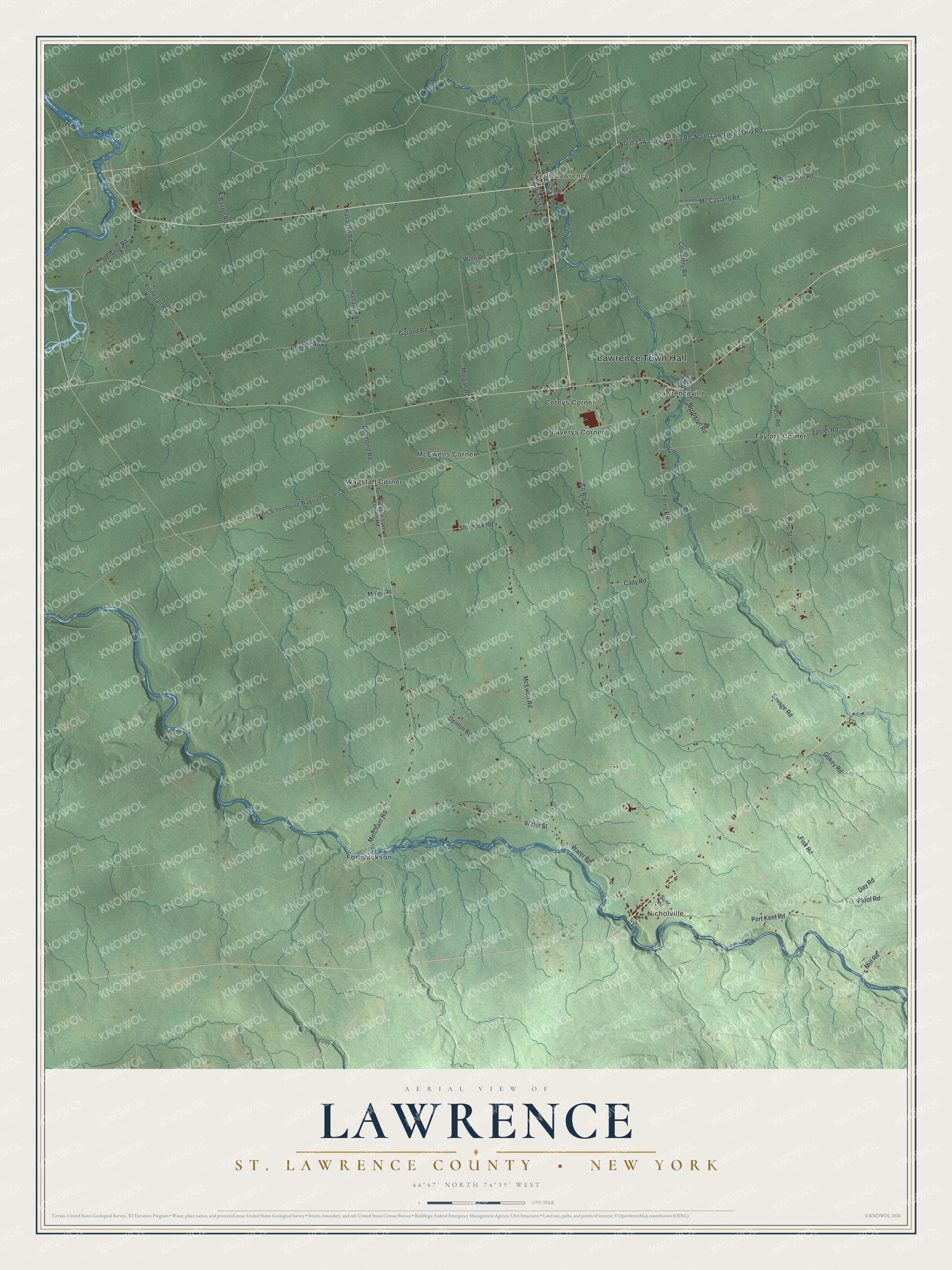 Detailed map of Lawrence, St. Lawrence County, New York, showing streets, buildings, and neighborhoods