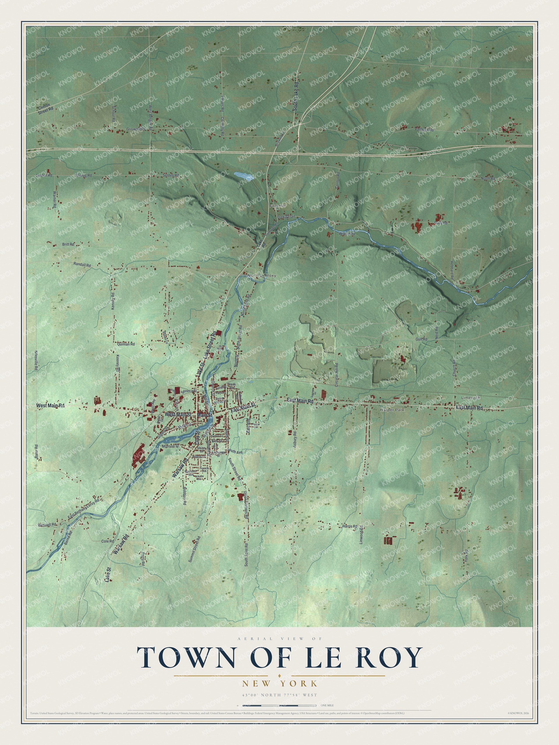 Detailed map of the Town of Le Roy, New York, showing streets, buildings, and neighborhoods