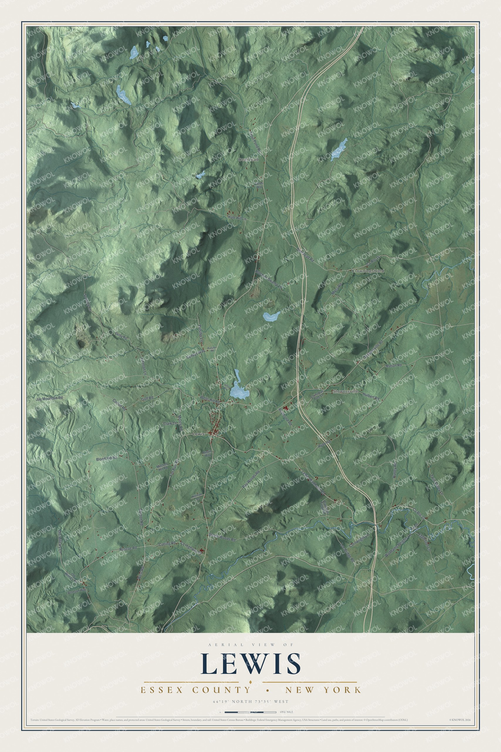 Detailed map of Lewis, Essex County, New York, showing streets, buildings, and neighborhoods