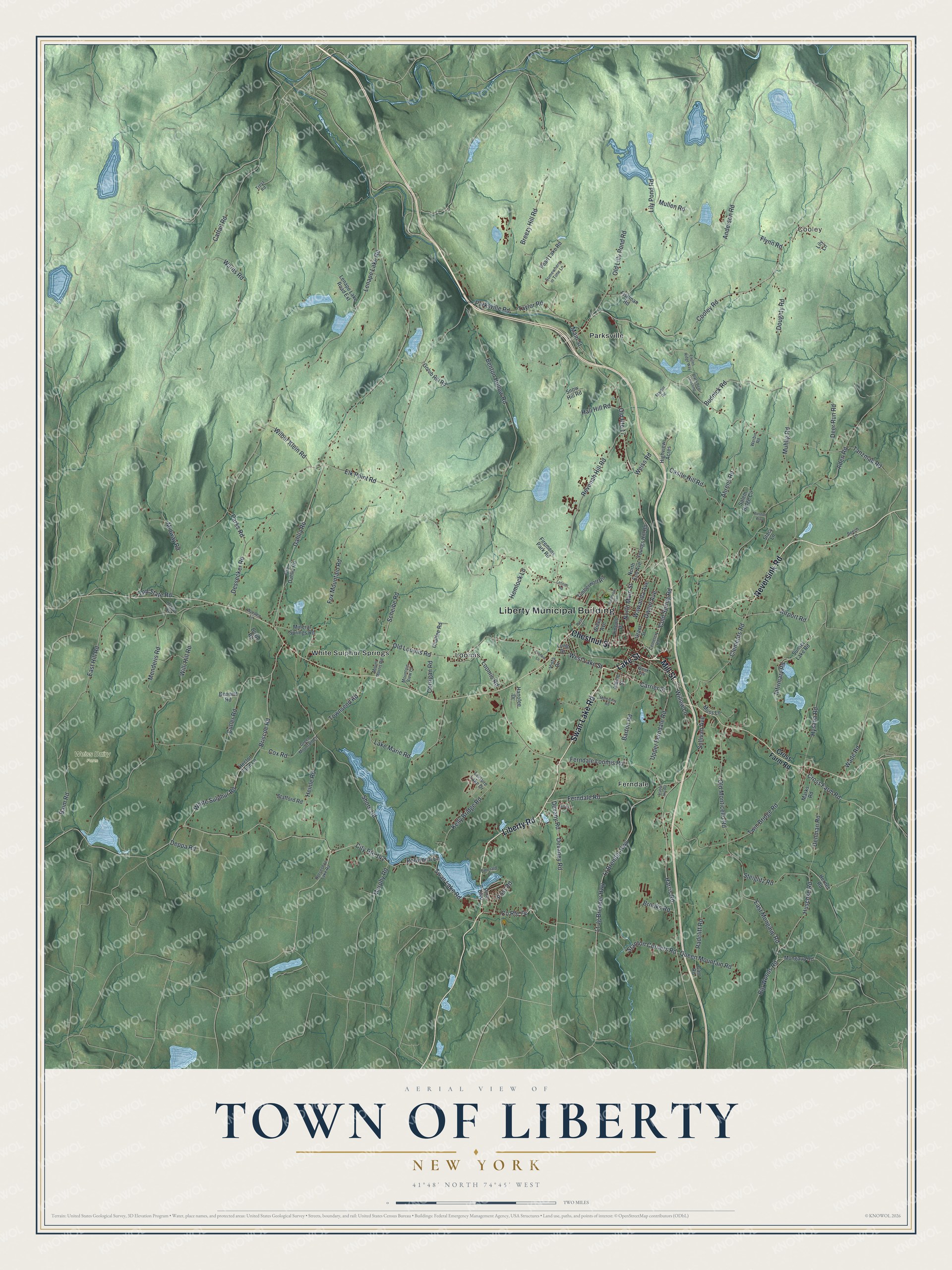 Detailed map of the Town of Liberty, New York, showing streets, buildings, and neighborhoods