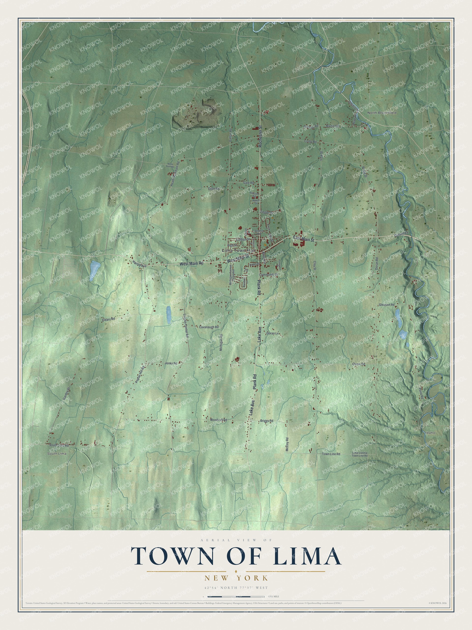Detailed map of the Town of Lima, New York, showing streets, buildings, and neighborhoods