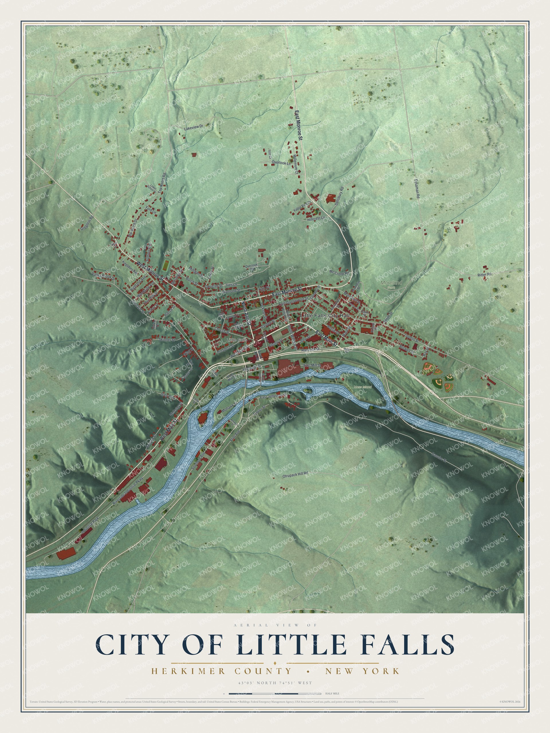 Detailed map of the City of Little Falls, Herkimer County, New York, showing streets, buildings, and parks