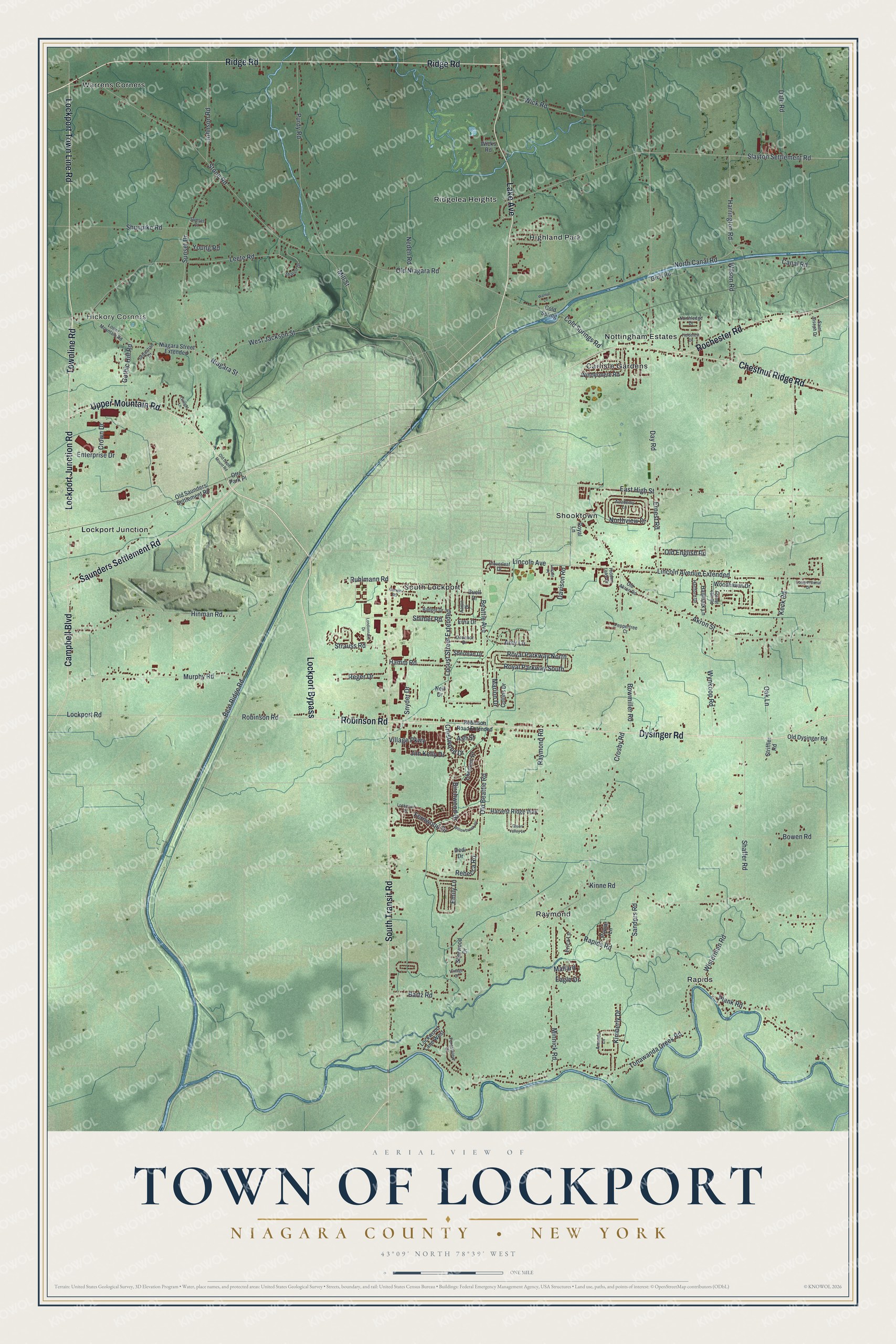 Detailed map of the Town of Lockport, Niagara County, New York, showing streets, buildings, and neighborhoods