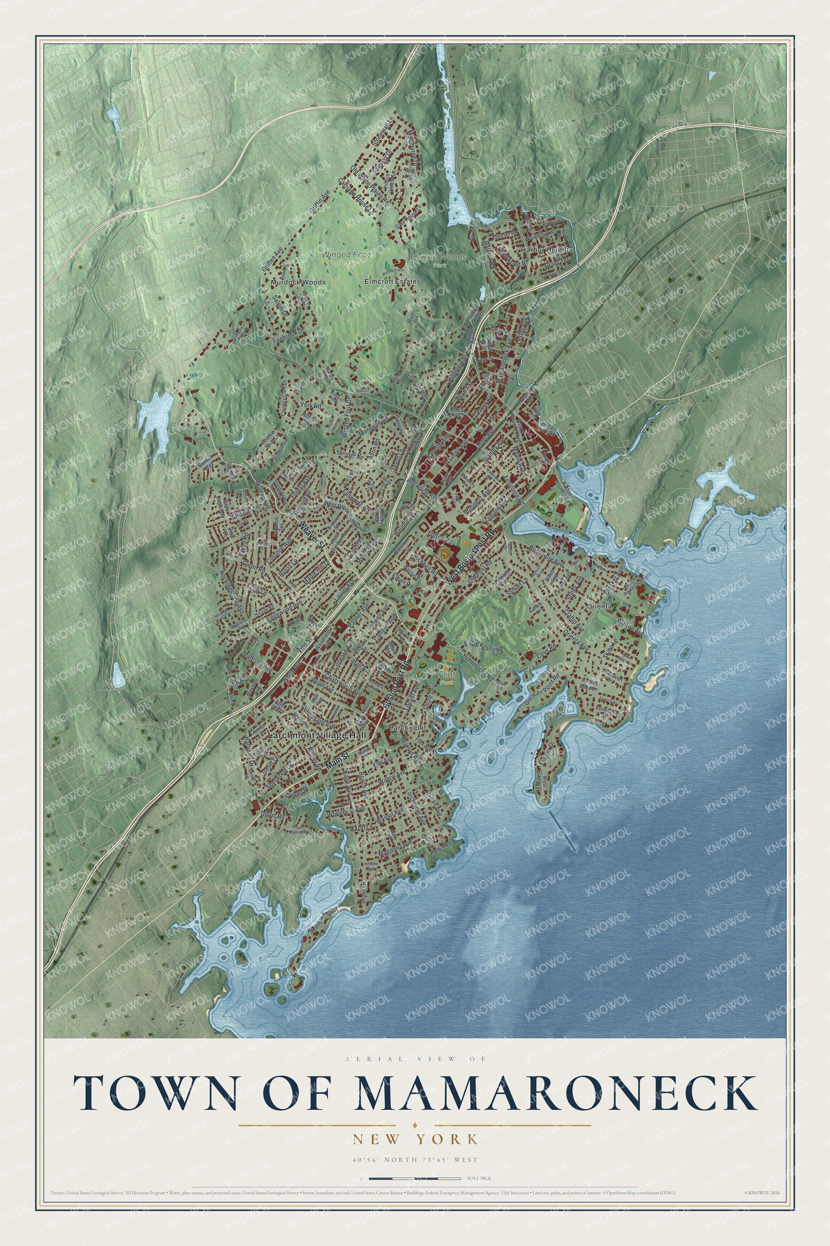 Detailed map of the Town of Mamaroneck, New York, showing streets, buildings, neighborhoods, beaches, and parks