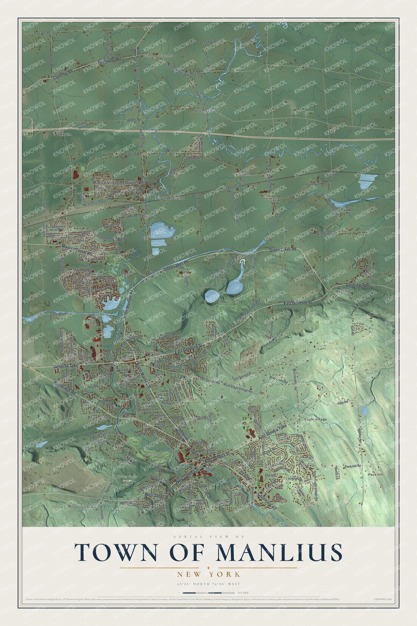 Detailed map of the Town of Manlius, New York, showing streets, buildings, and neighborhoods