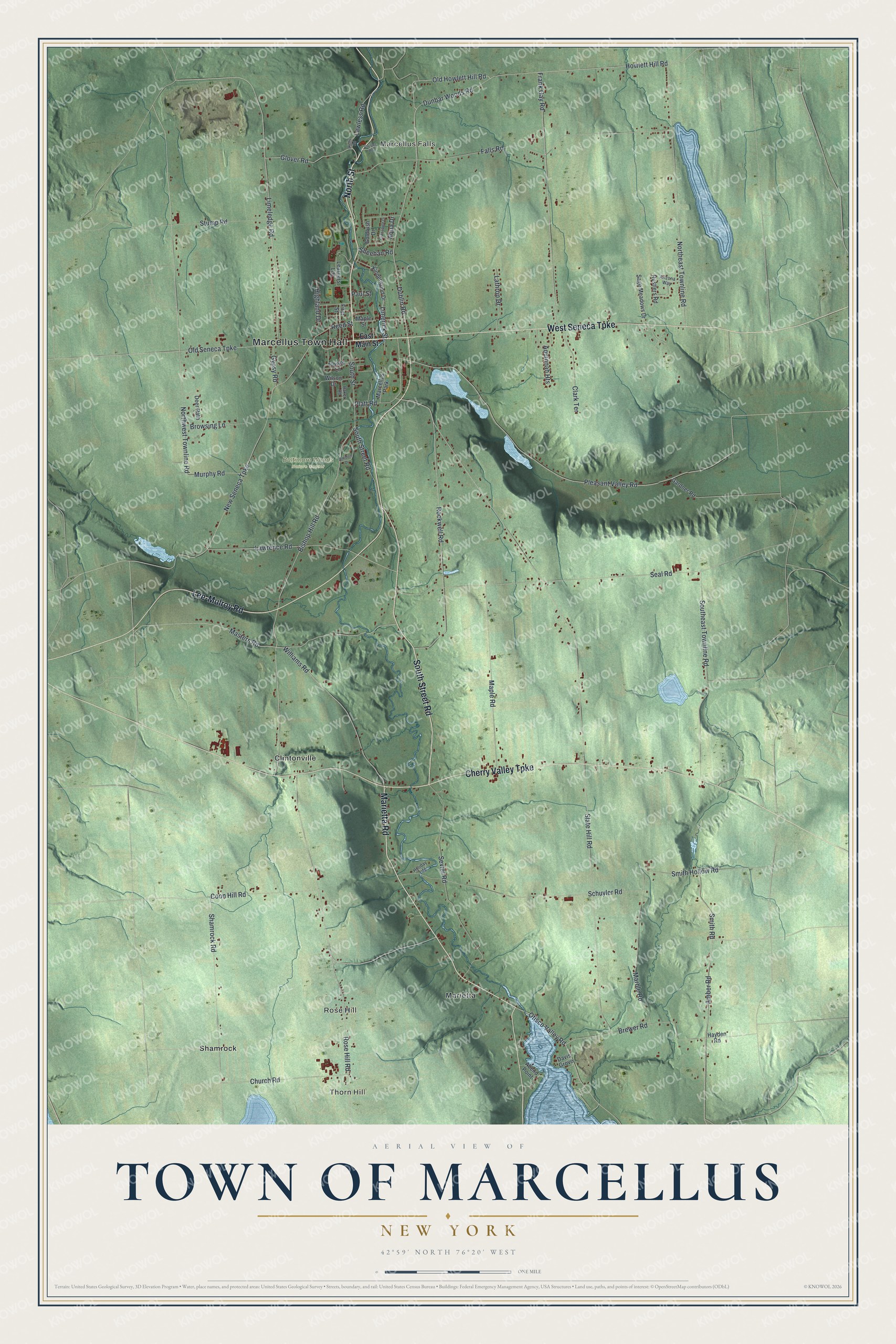 Detailed map of the Town of Marcellus, New York, showing streets, buildings, and neighborhoods