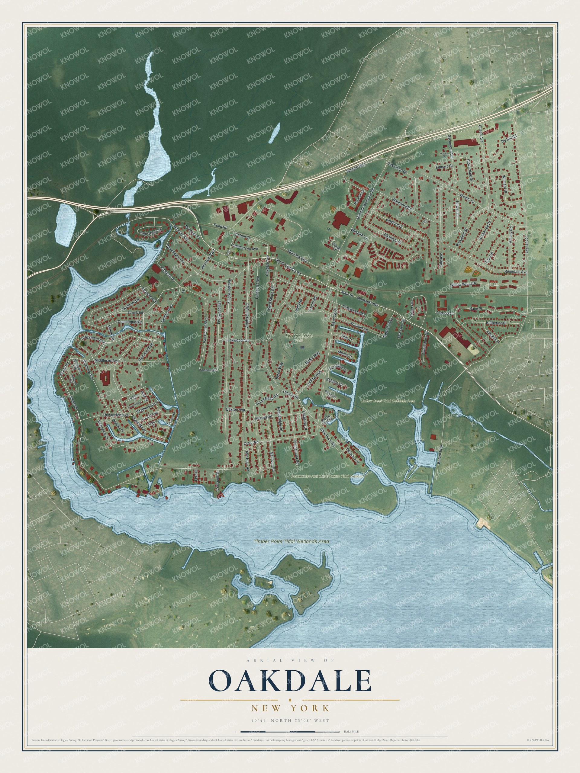 Watermarked full-map preview of Oakdale, New York