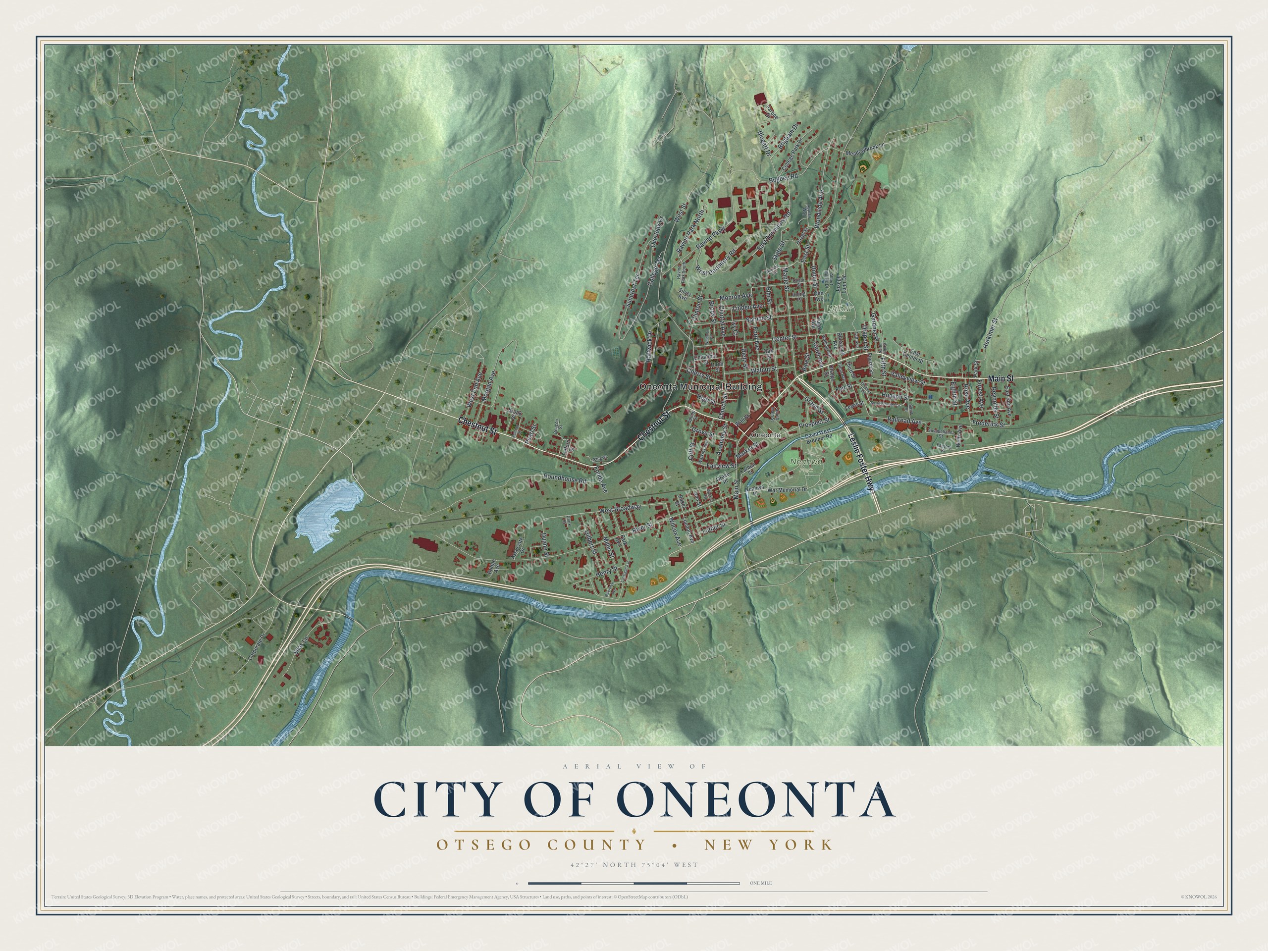 Watermarked full-map preview of Oneonta, New York