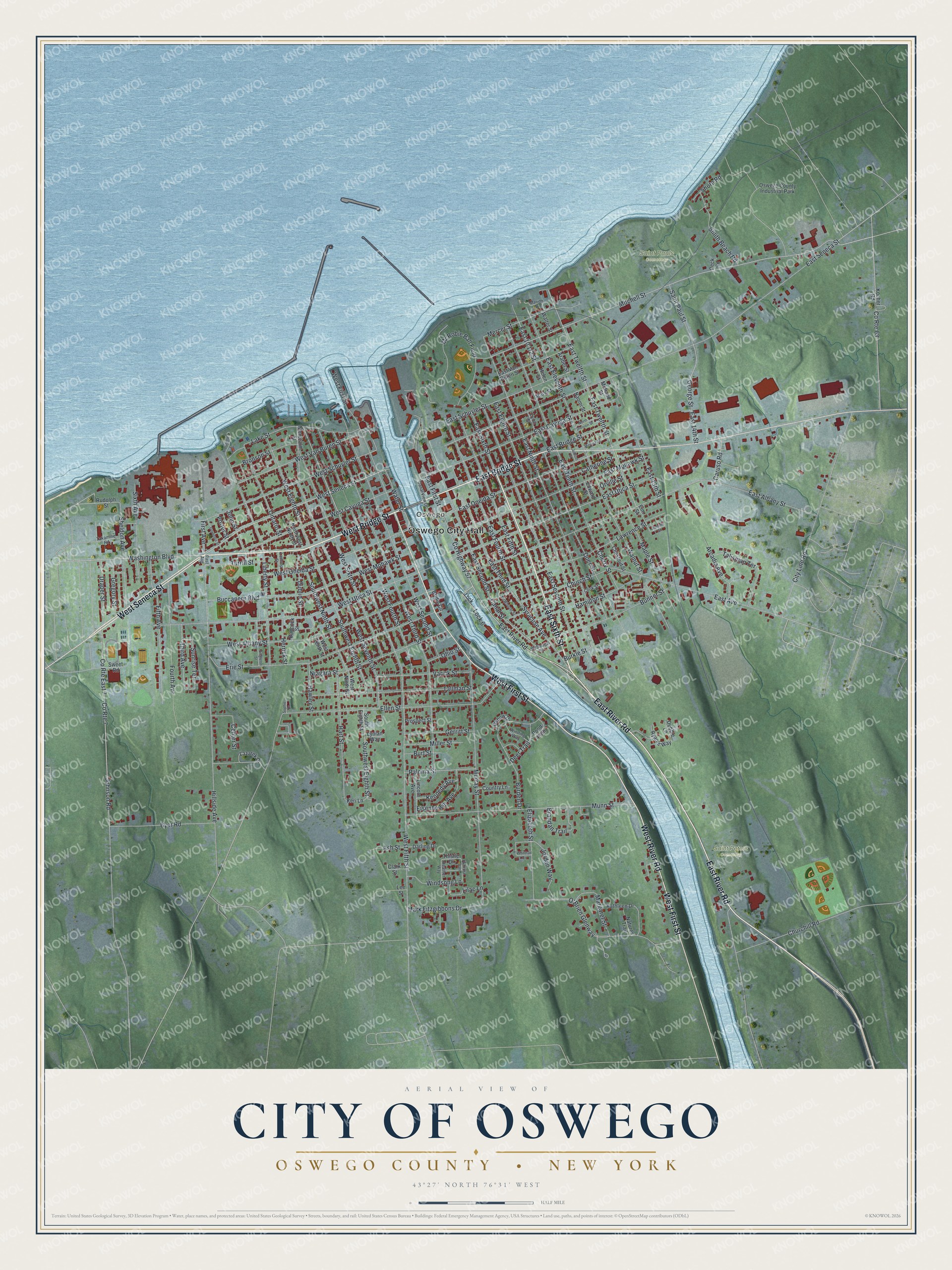 Detailed map of the City of Oswego, Oswego County, New York, showing streets, buildings, and parks