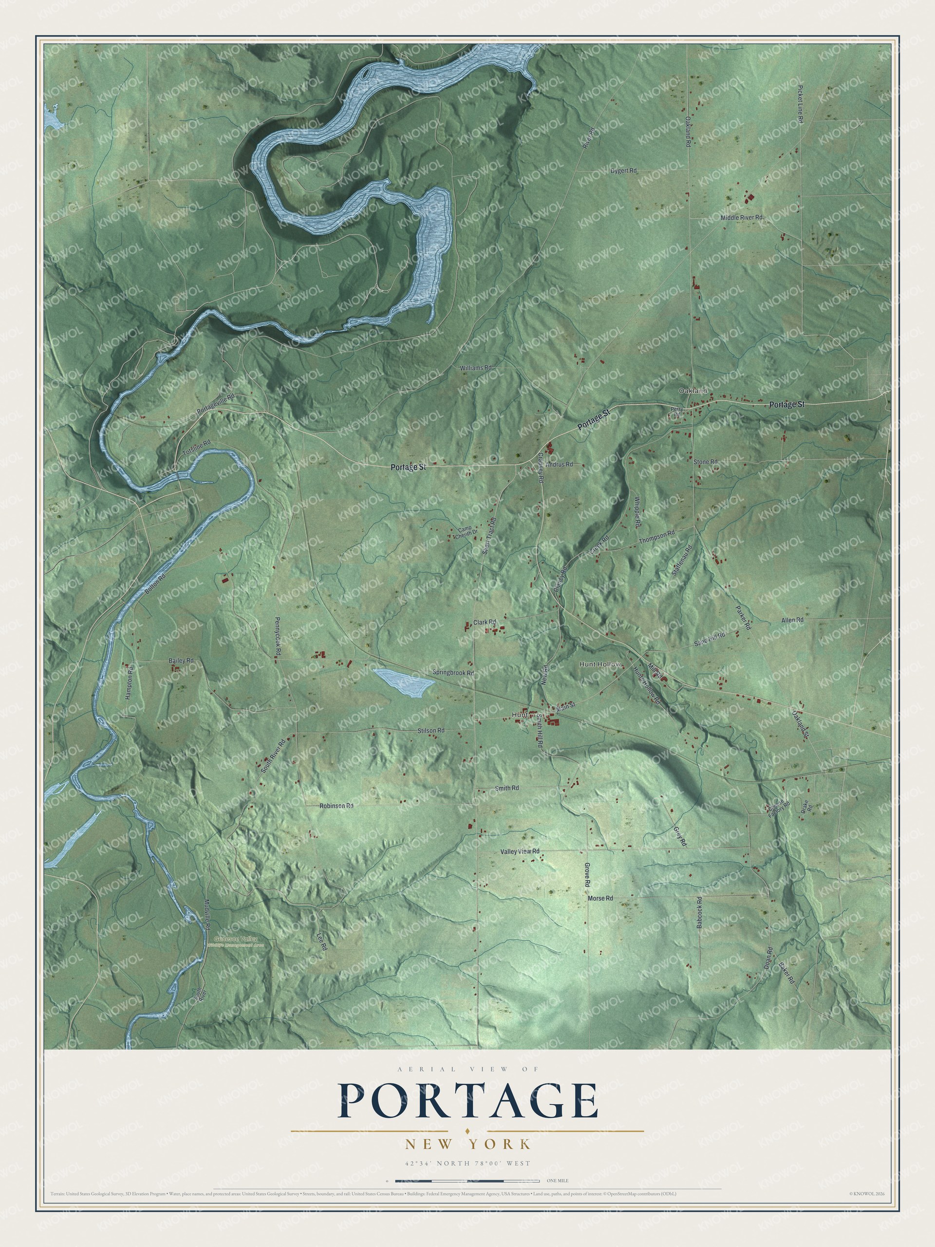 Detailed map of Portage, New York, showing streets, buildings, neighborhoods, and parks